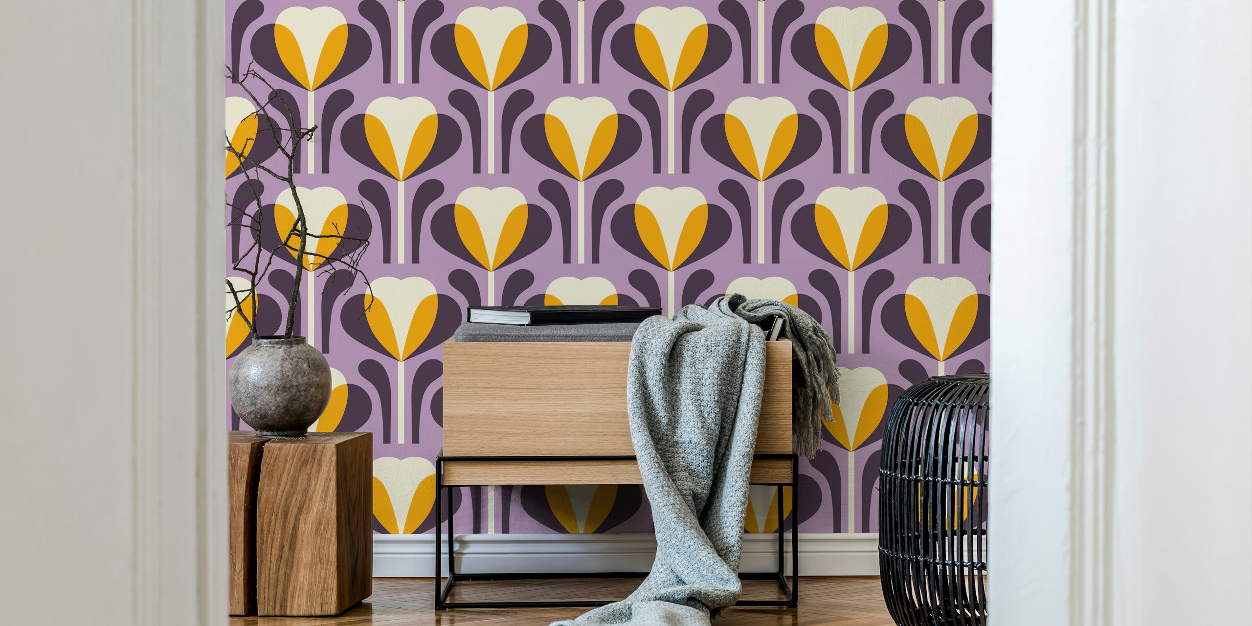 Heart-shaped floral patterns in purple and orange wallpaper