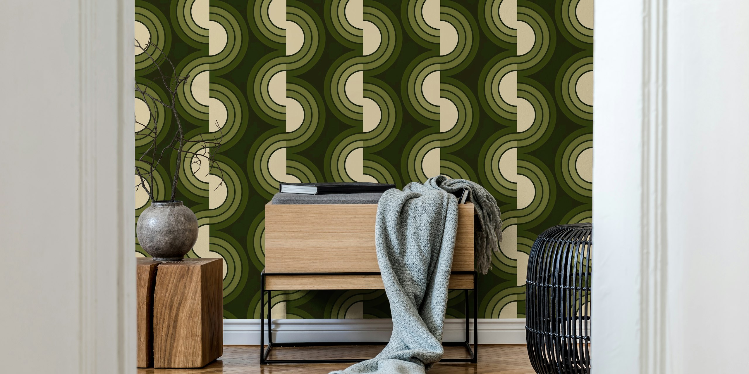 Green circular swirl pattern wallpaper featuring cream accents