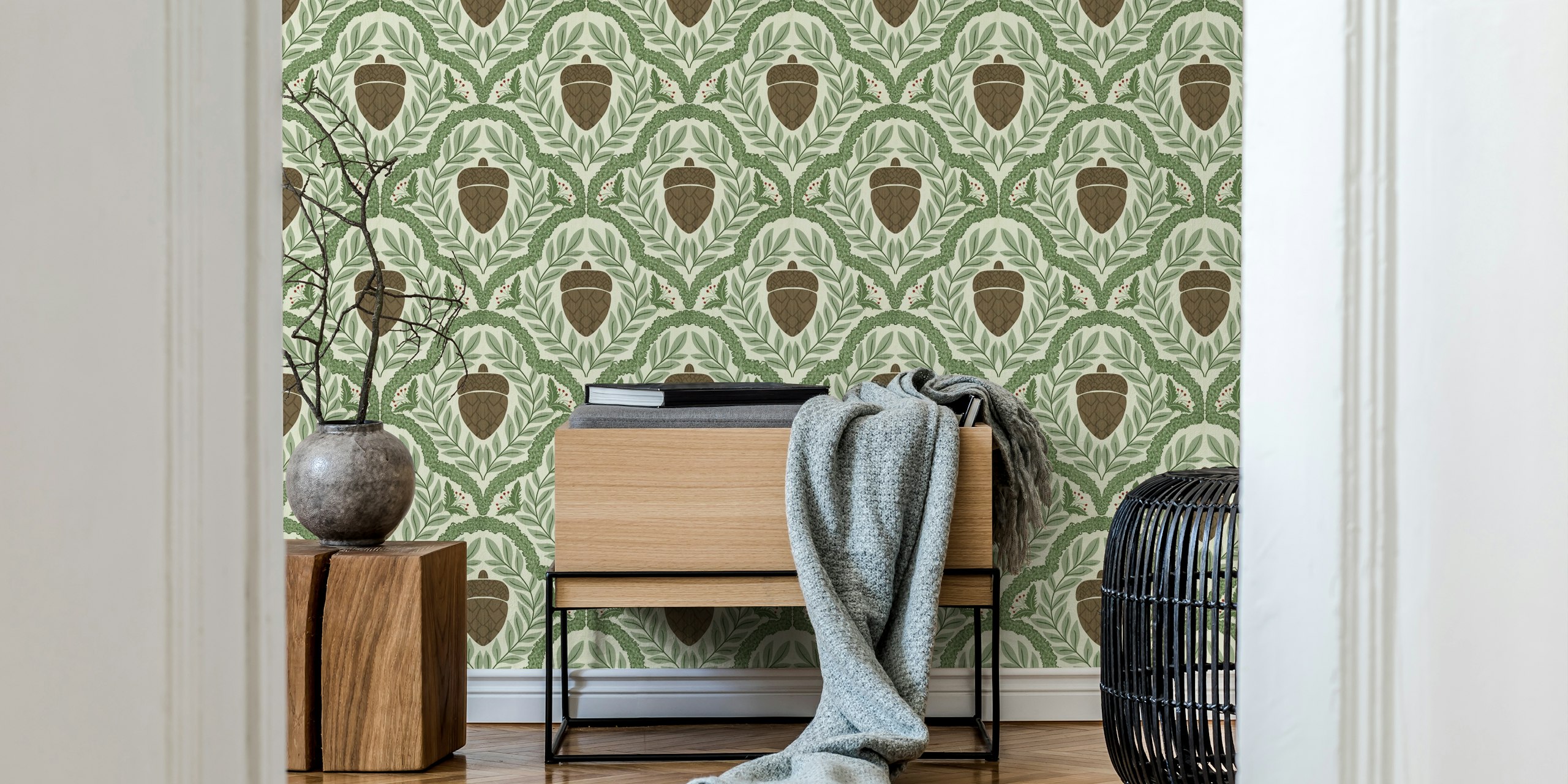 Foliage with pine acorns and berries in green tones wallpaper