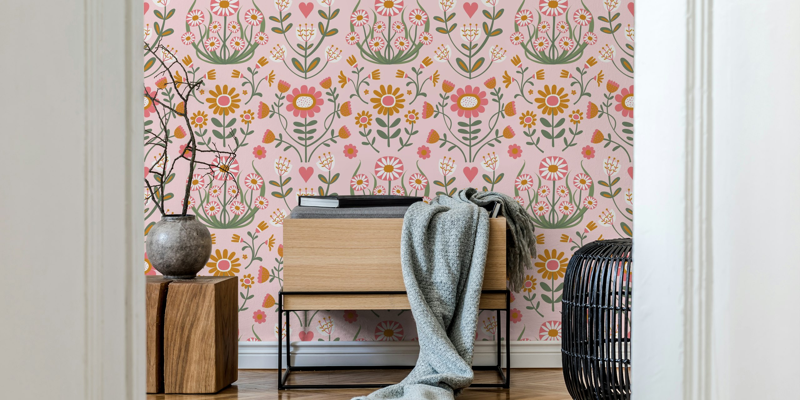 Floral pink wallpaper design in a room