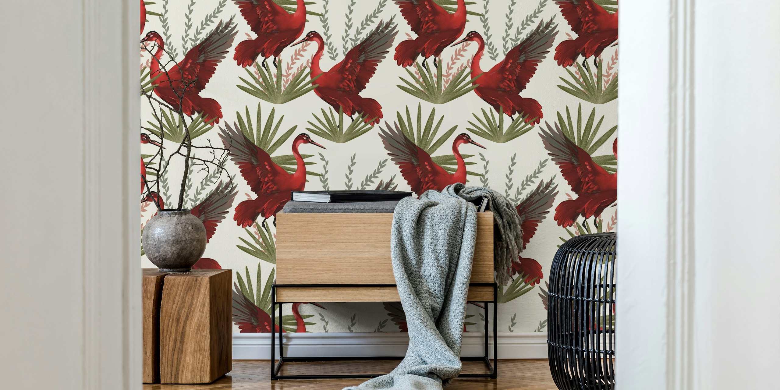 Red birds among green foliage on cream background wallpaper
