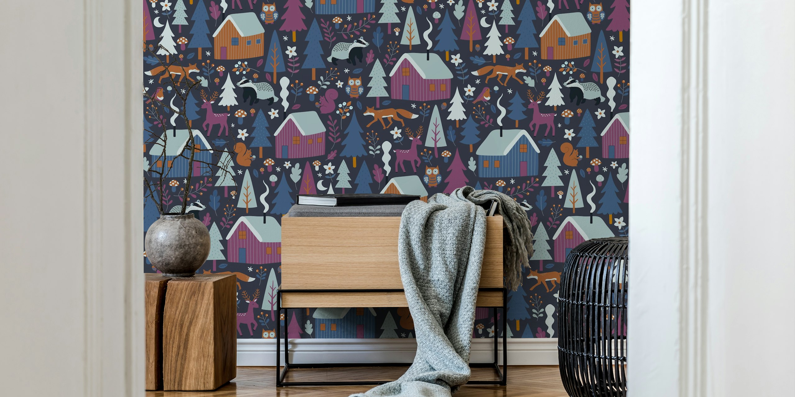 Woodland cabins with trees, animals, and flowers in plum and charcoal wallpaper