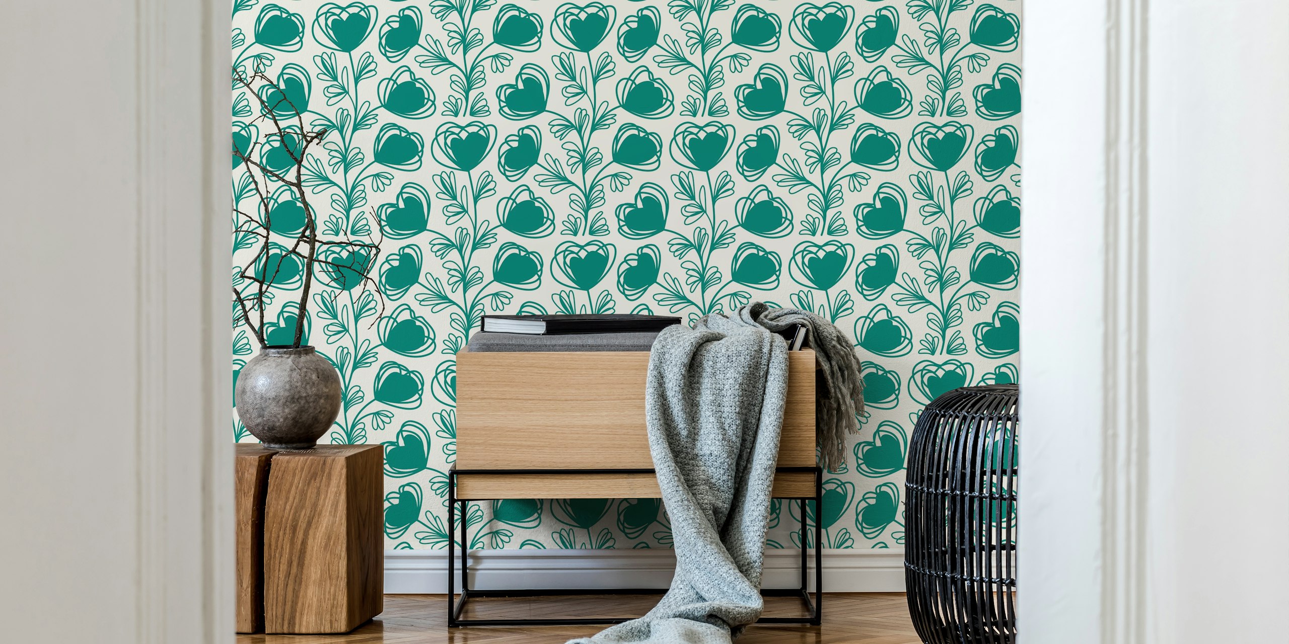 Elegant Floral Sketch Wallpaper em um quarto