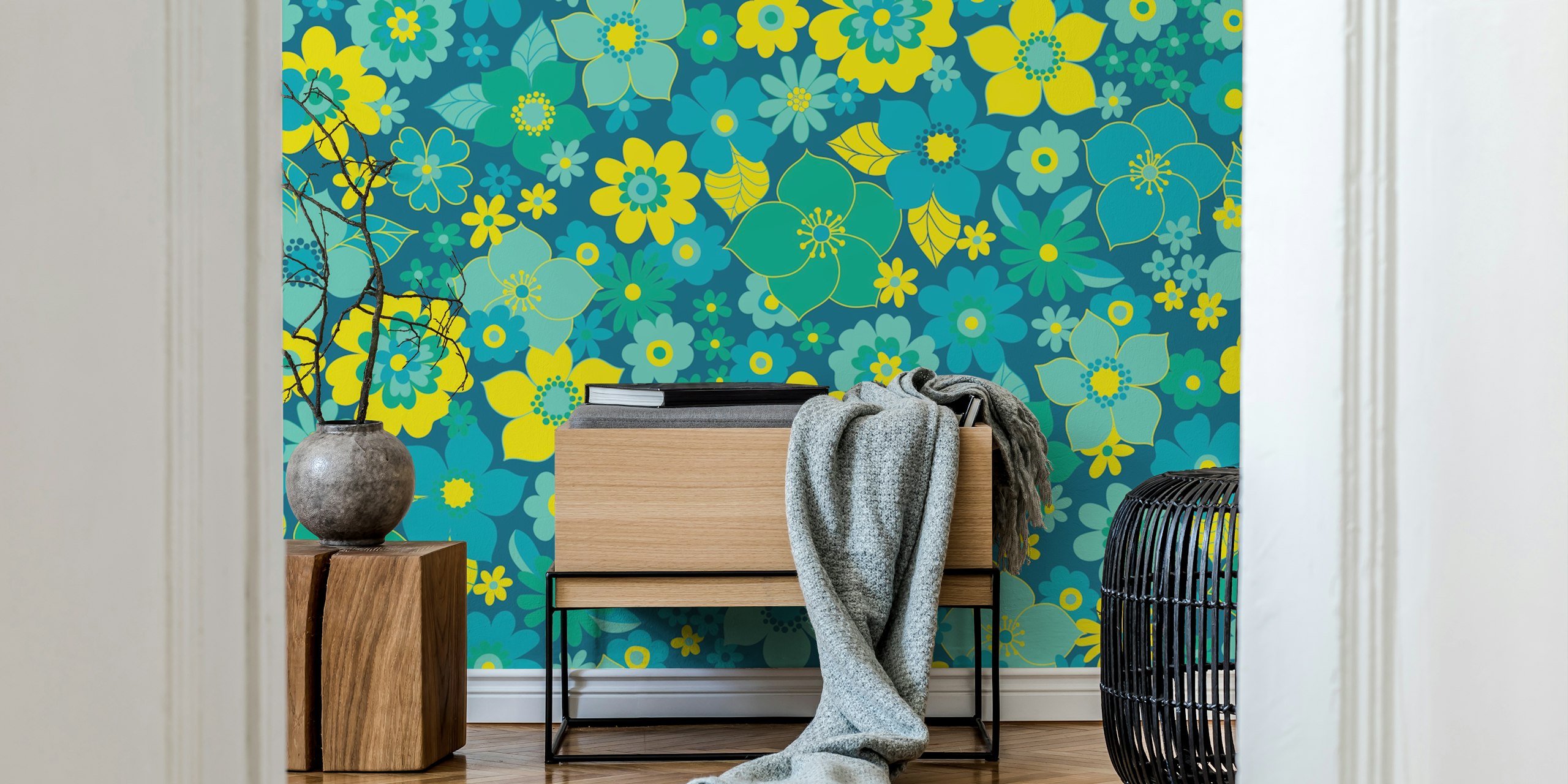 Colorful floral design with lemon, mint, and turquoise flowers wallpaper