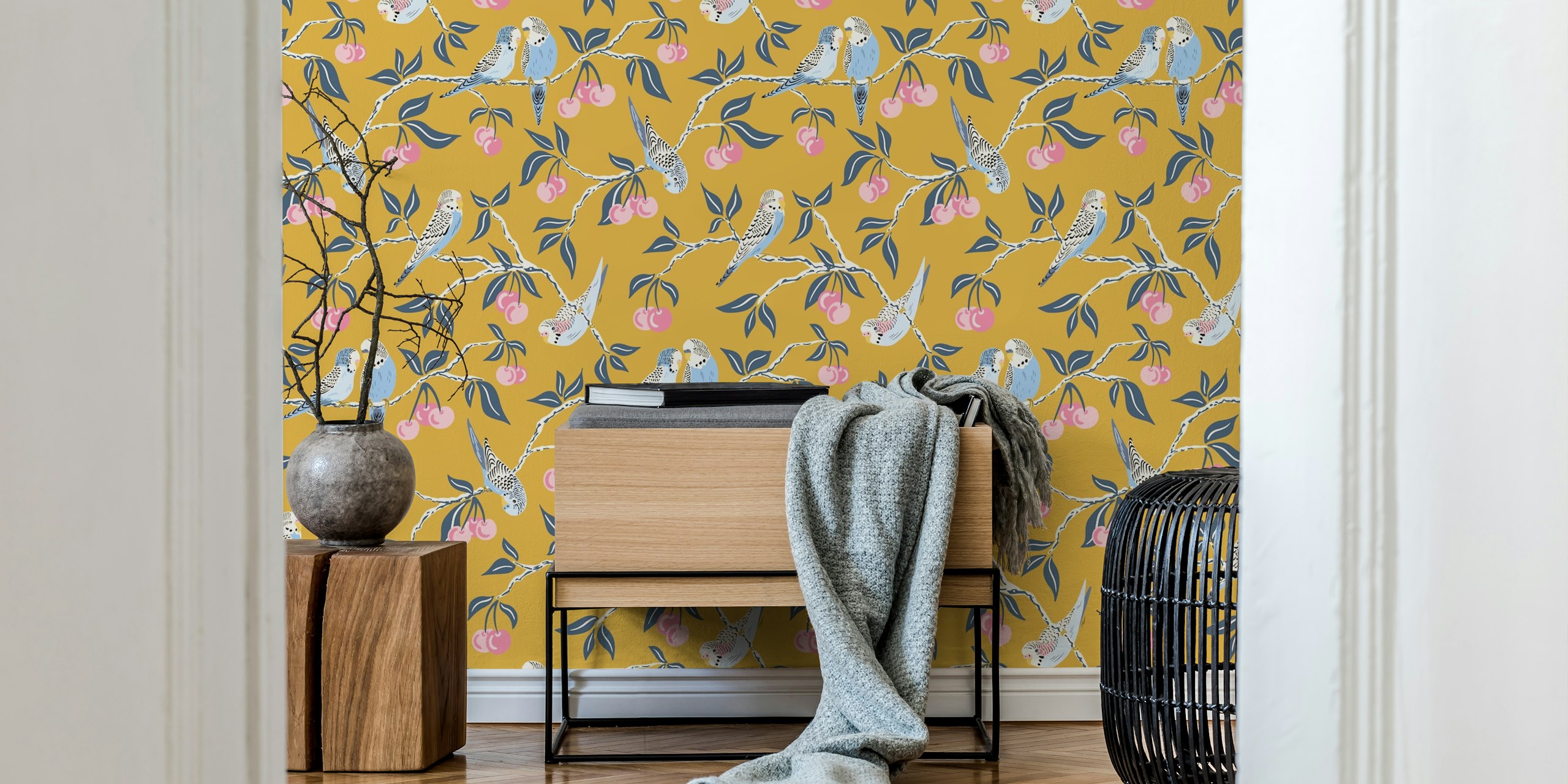 Budgies in a cherry tree wallpaper design