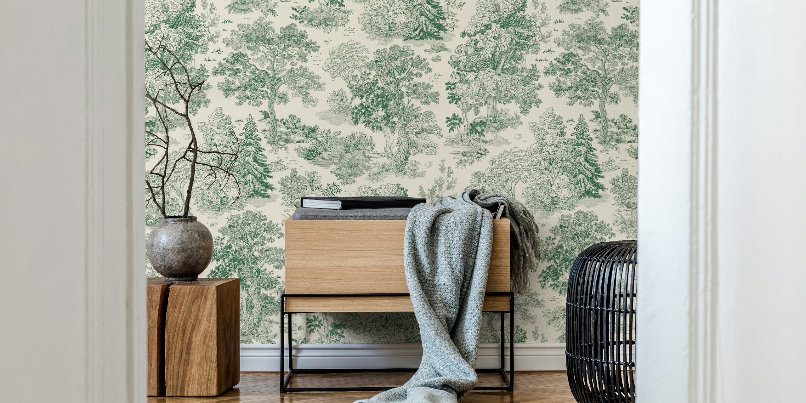 Detailed green tree illustrations on a light background wallpaper