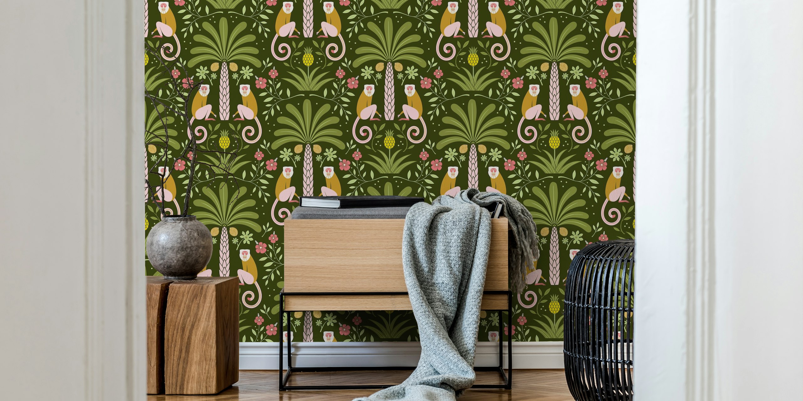 Tropical jungle wallpaper with monkeys design