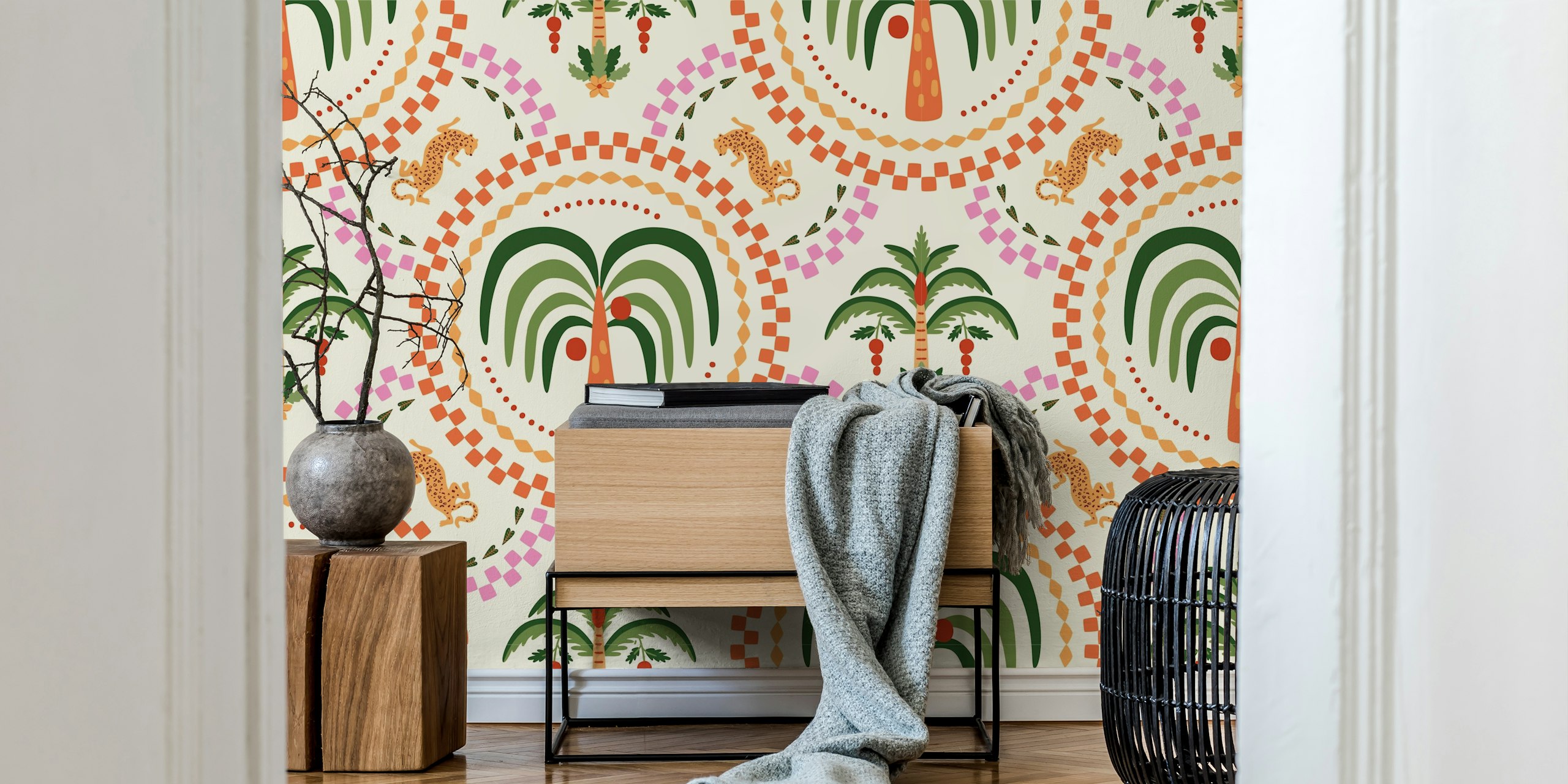 Palm and Leopard Elegance wallpaper in a room