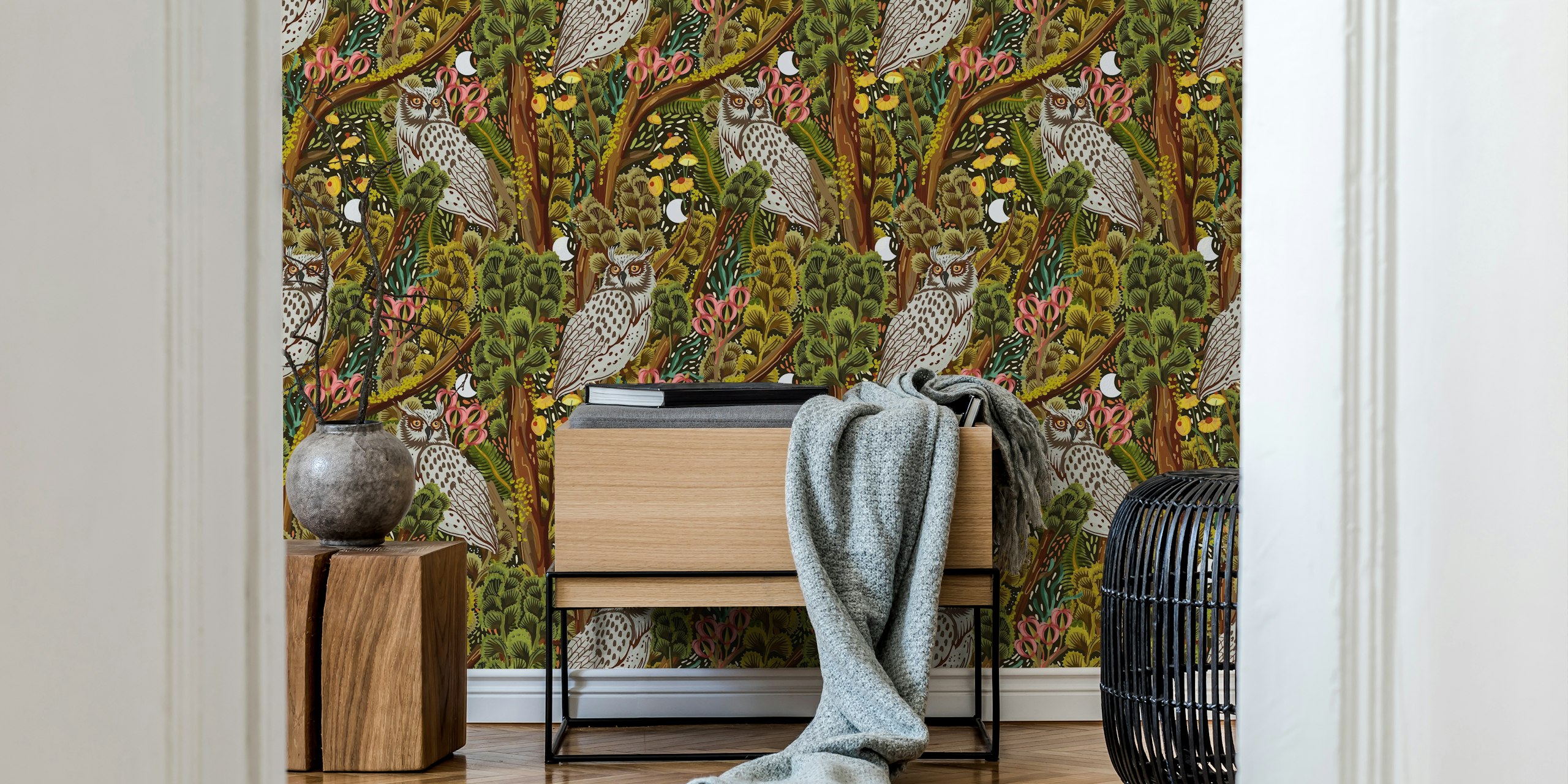 Forest scene with owls, colorful flowers, and trees wallpaper