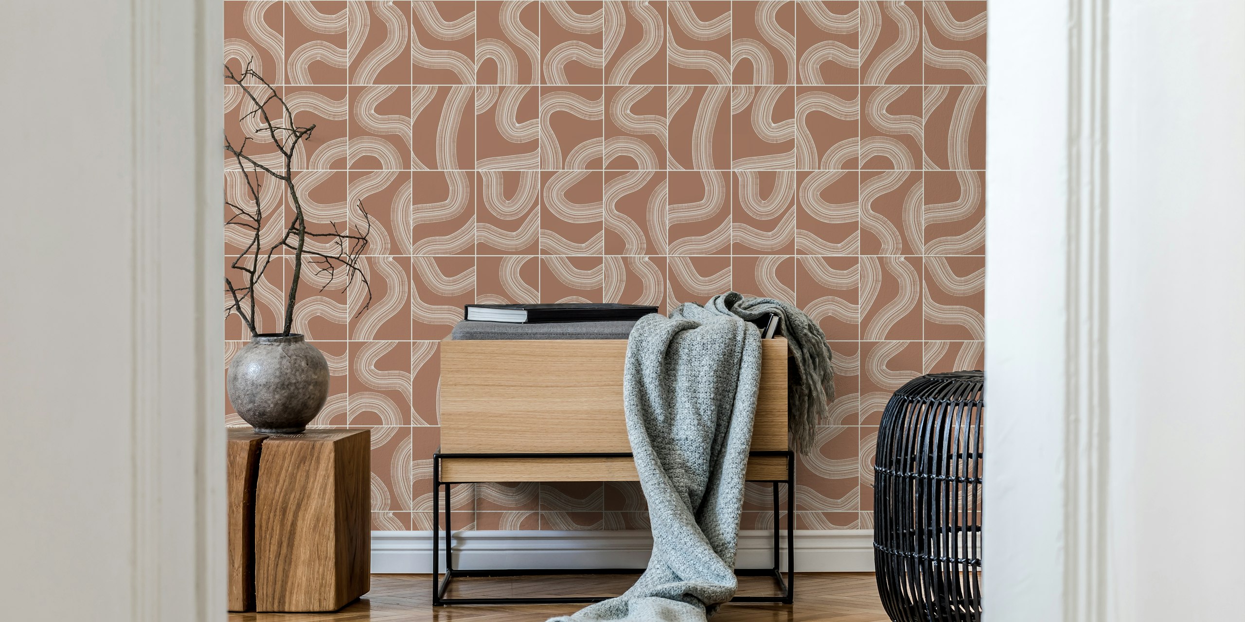 Mocha brown abstract wavy lines pattern wallpaper