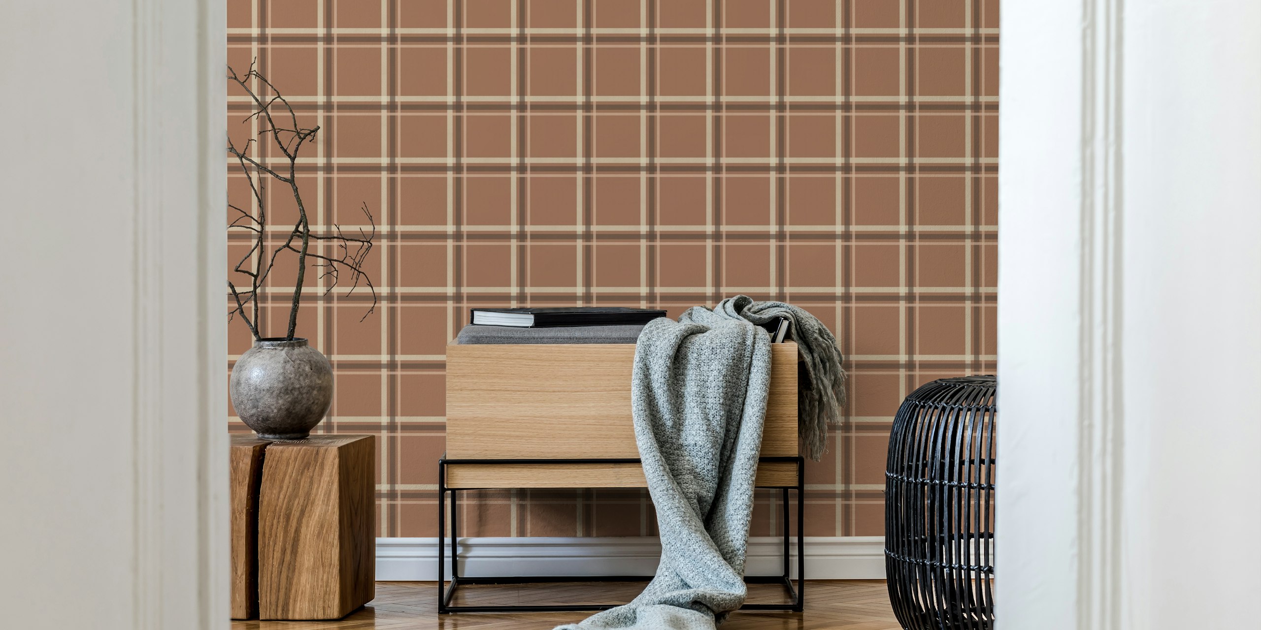 Tapeta Mocha Mousse Plaid w pokoju