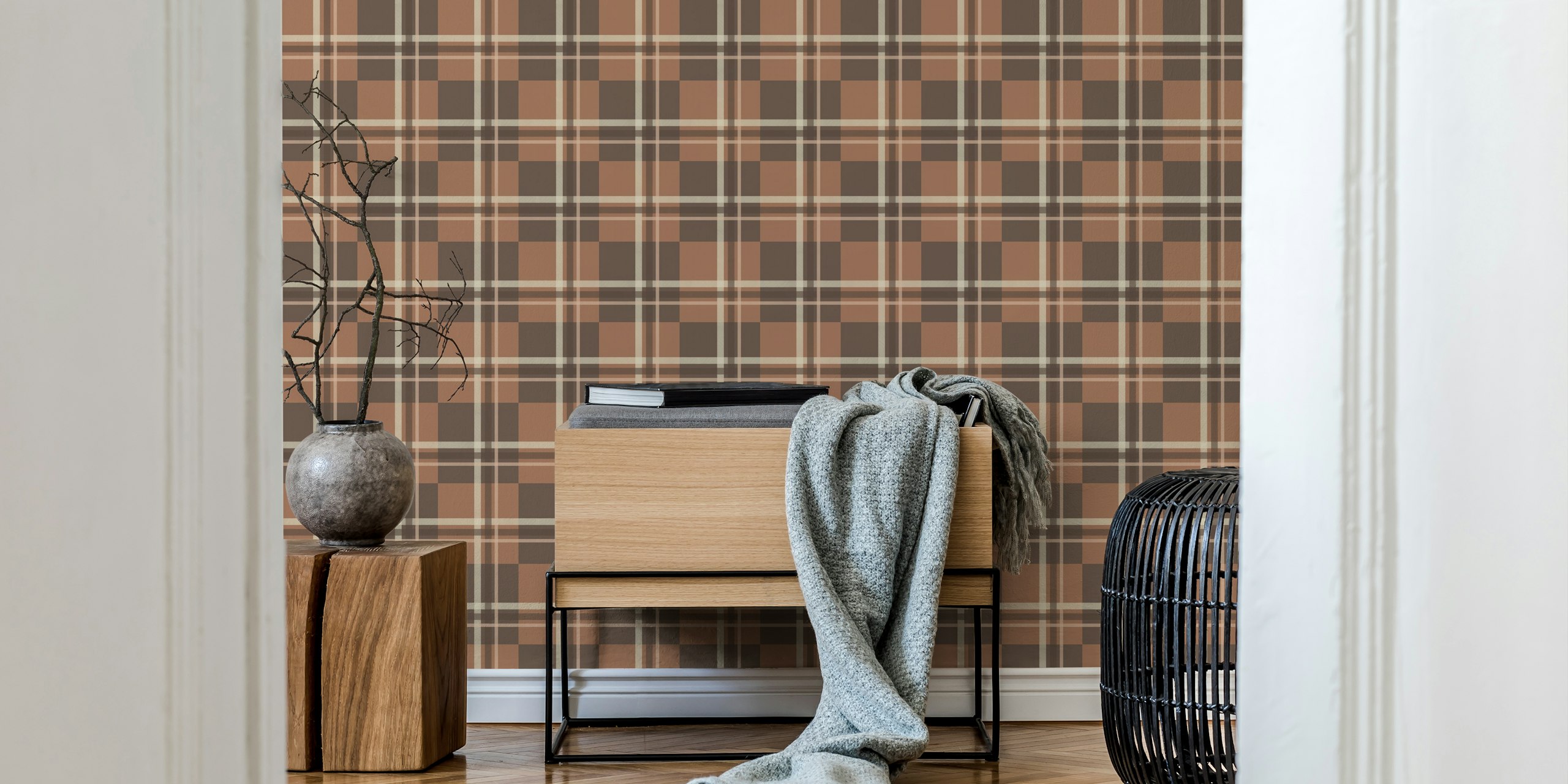 Mocha Mousse Coffee Plaid wallpaper in a room