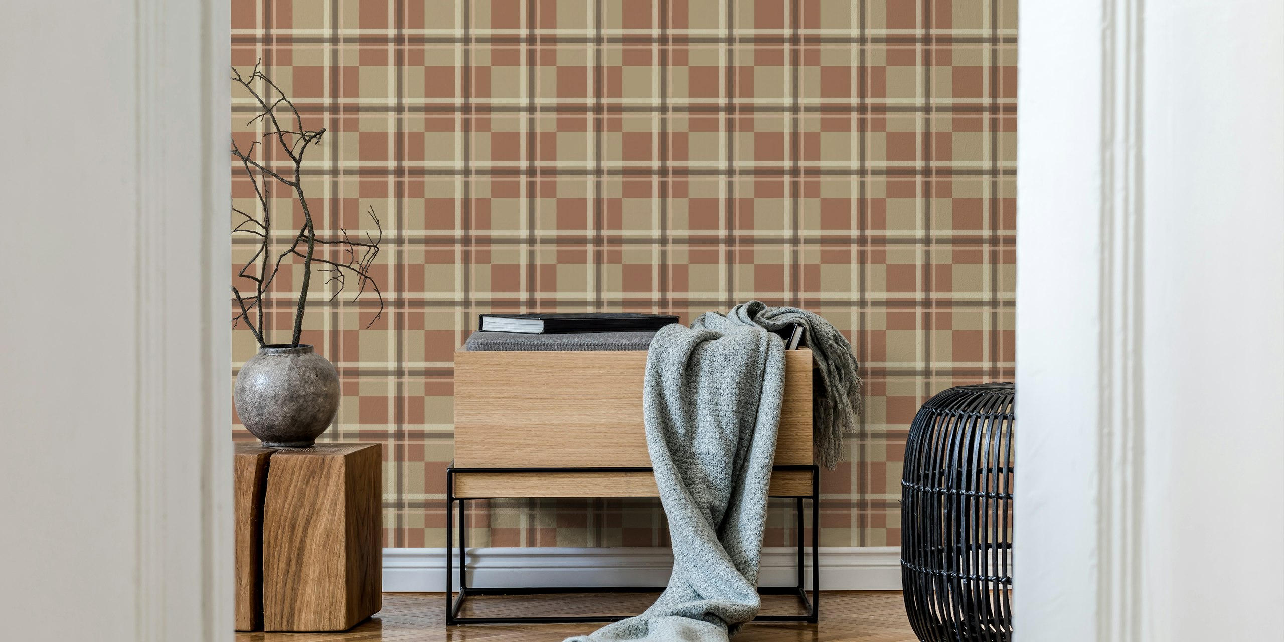 Mocha plaid pattern with warm beige and brown tones wallpaper