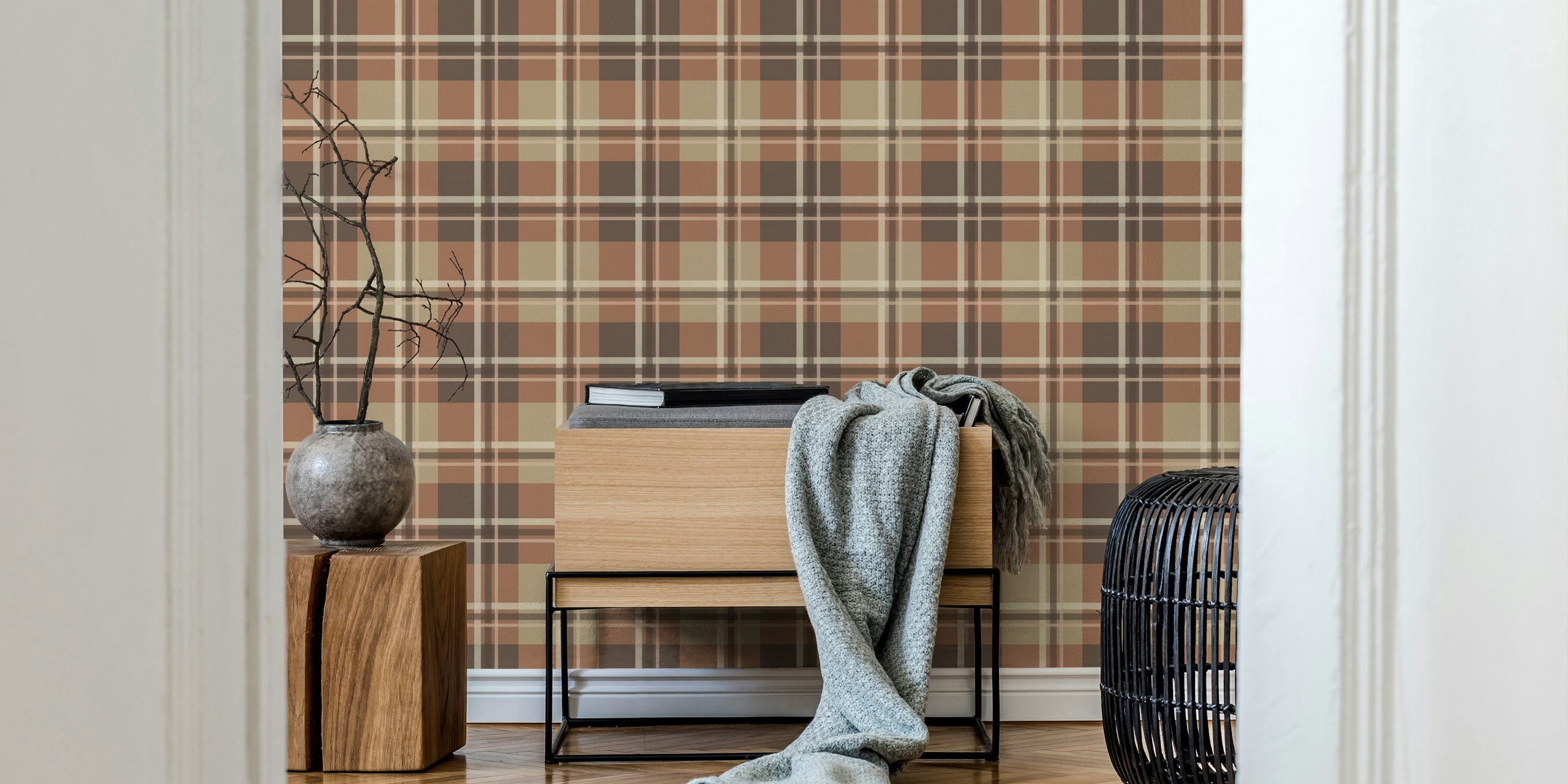 Brown plaid pattern wallpaper with warm tones