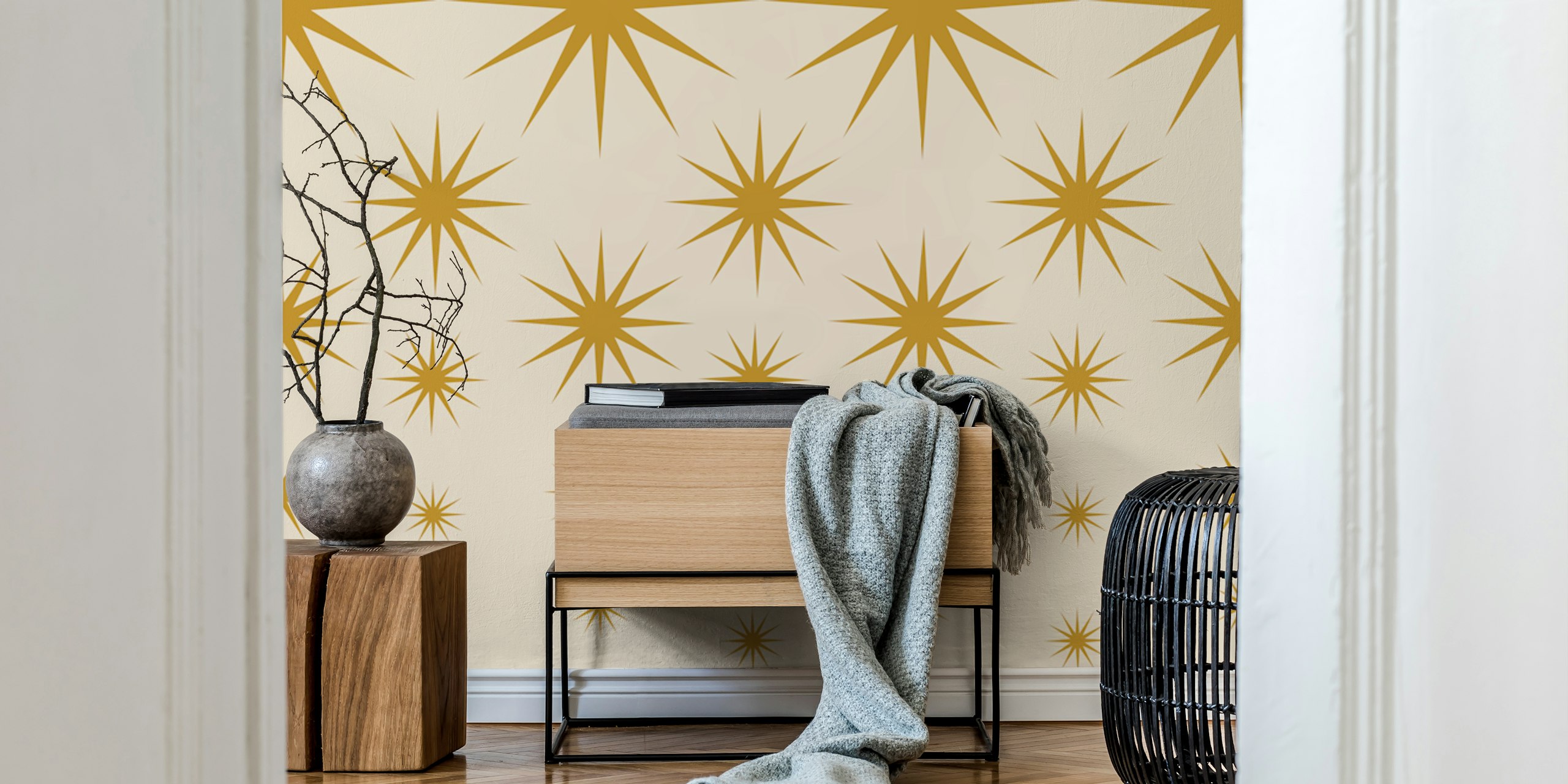 Gold star pattern on cream background wallpaper