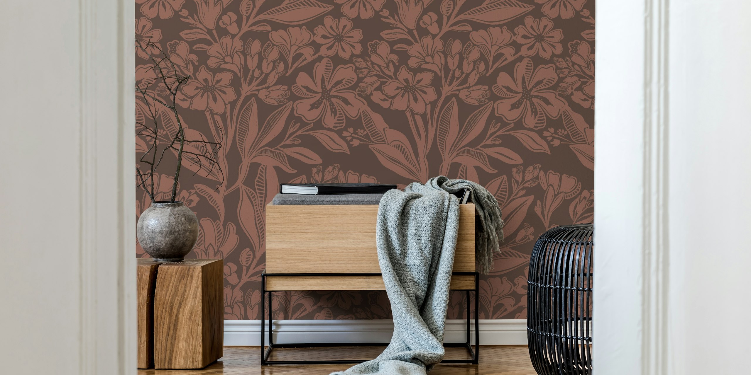 Rustic brown floral wallpaper in a room