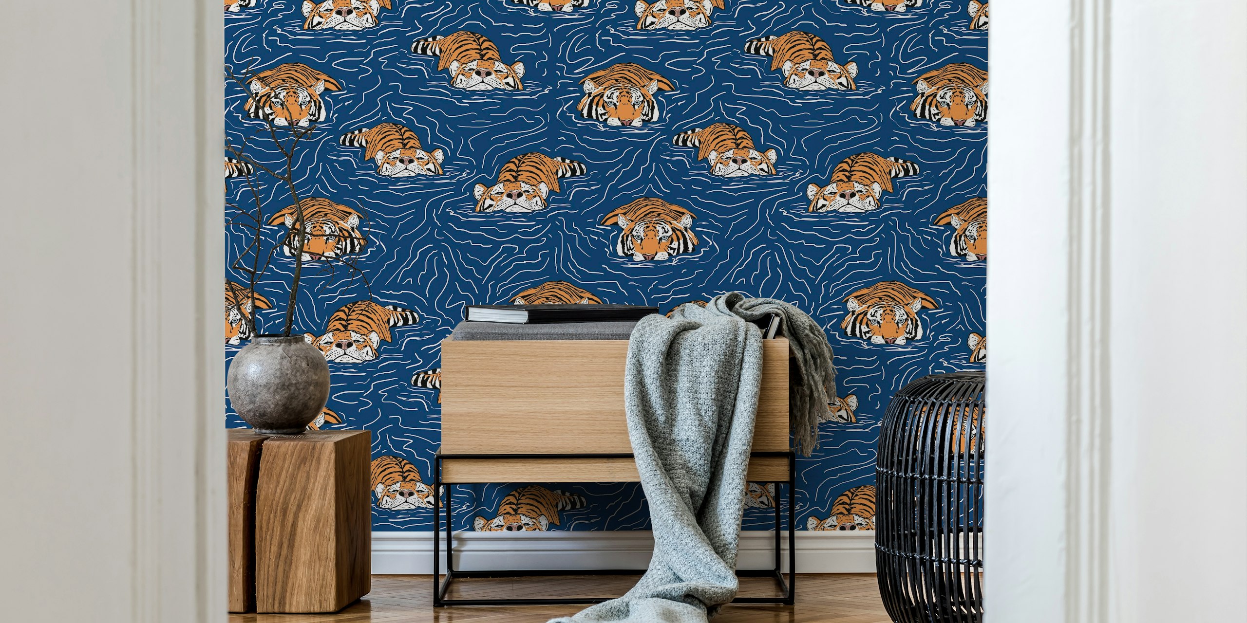 Swimming tigers in blue water pattern wallpaper