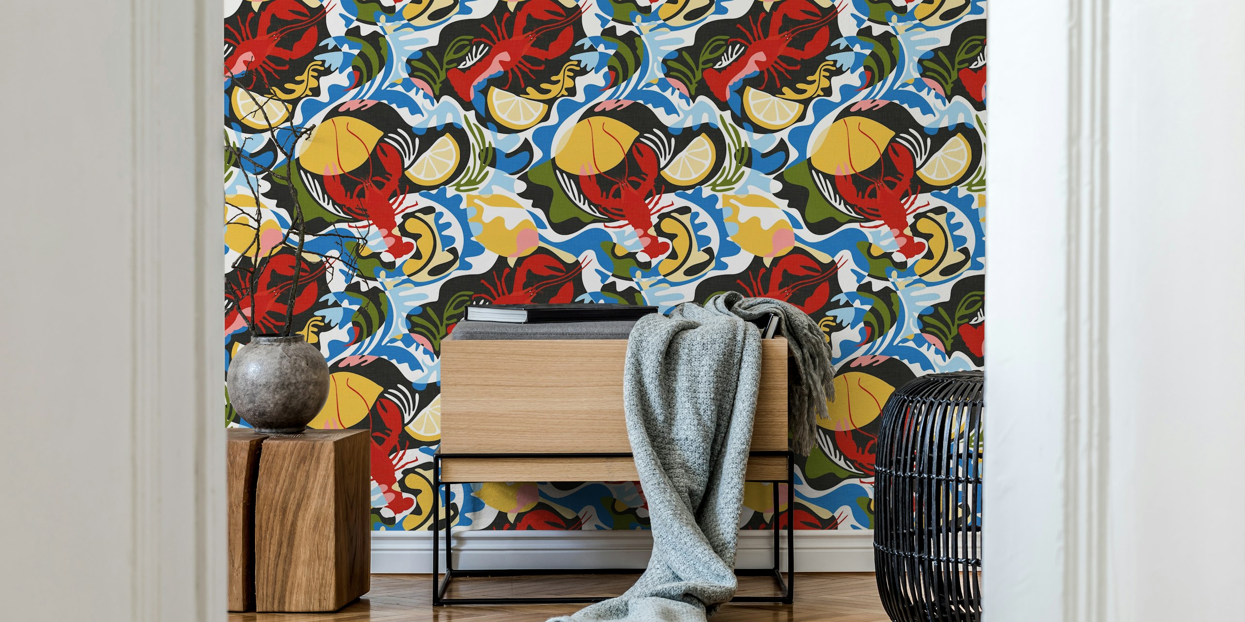 Crustacean Core wallpaper with lobsters and lemons