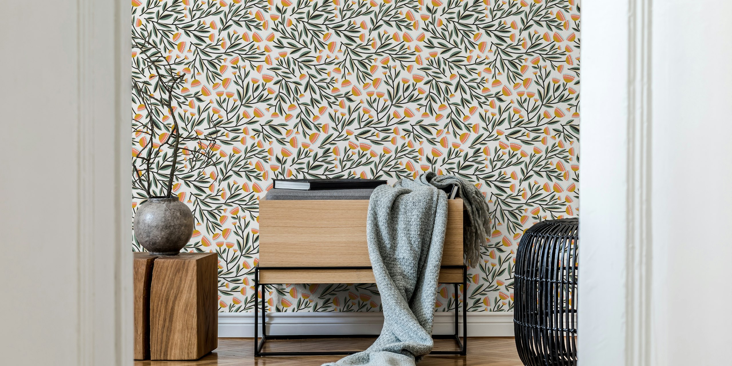 Cheerful floral wallpaper i en rumsinställning
