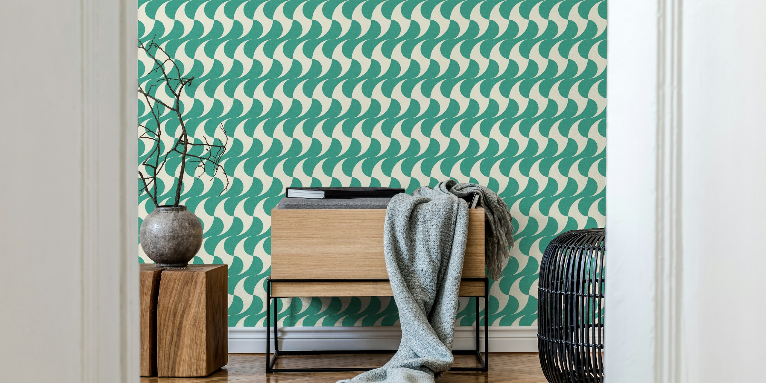 MCM Waves turquoise wallpaper in a room
