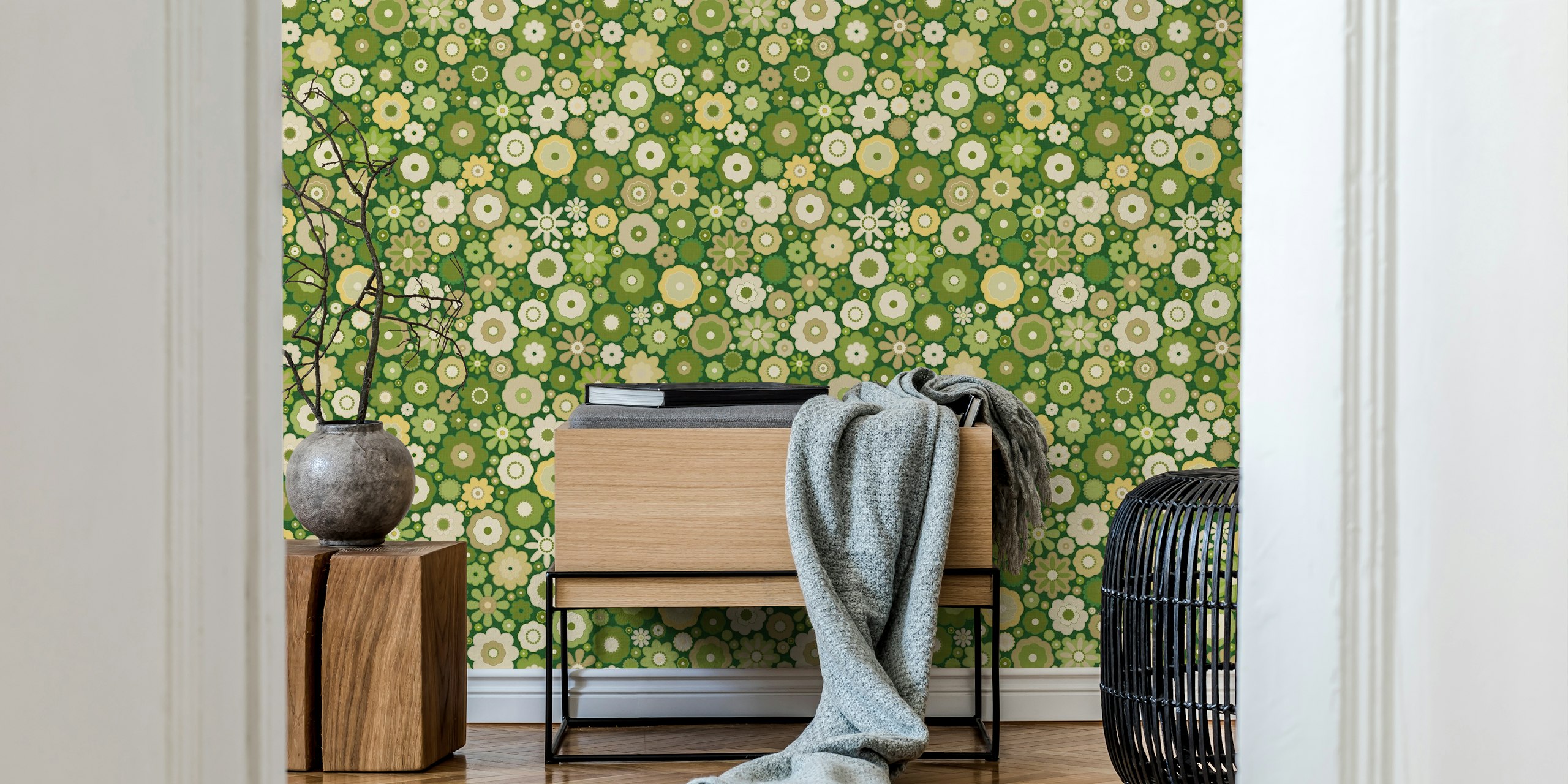 Retro geometric flowers wallpaper in a room