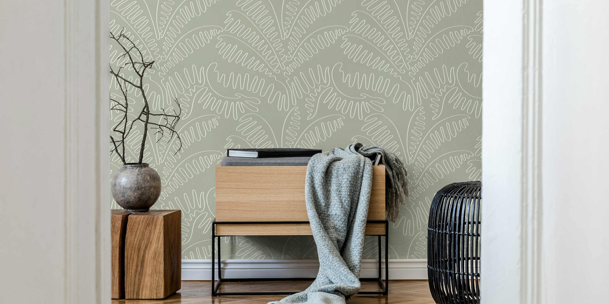 Palm leaves line art design in sage grey wallpaper