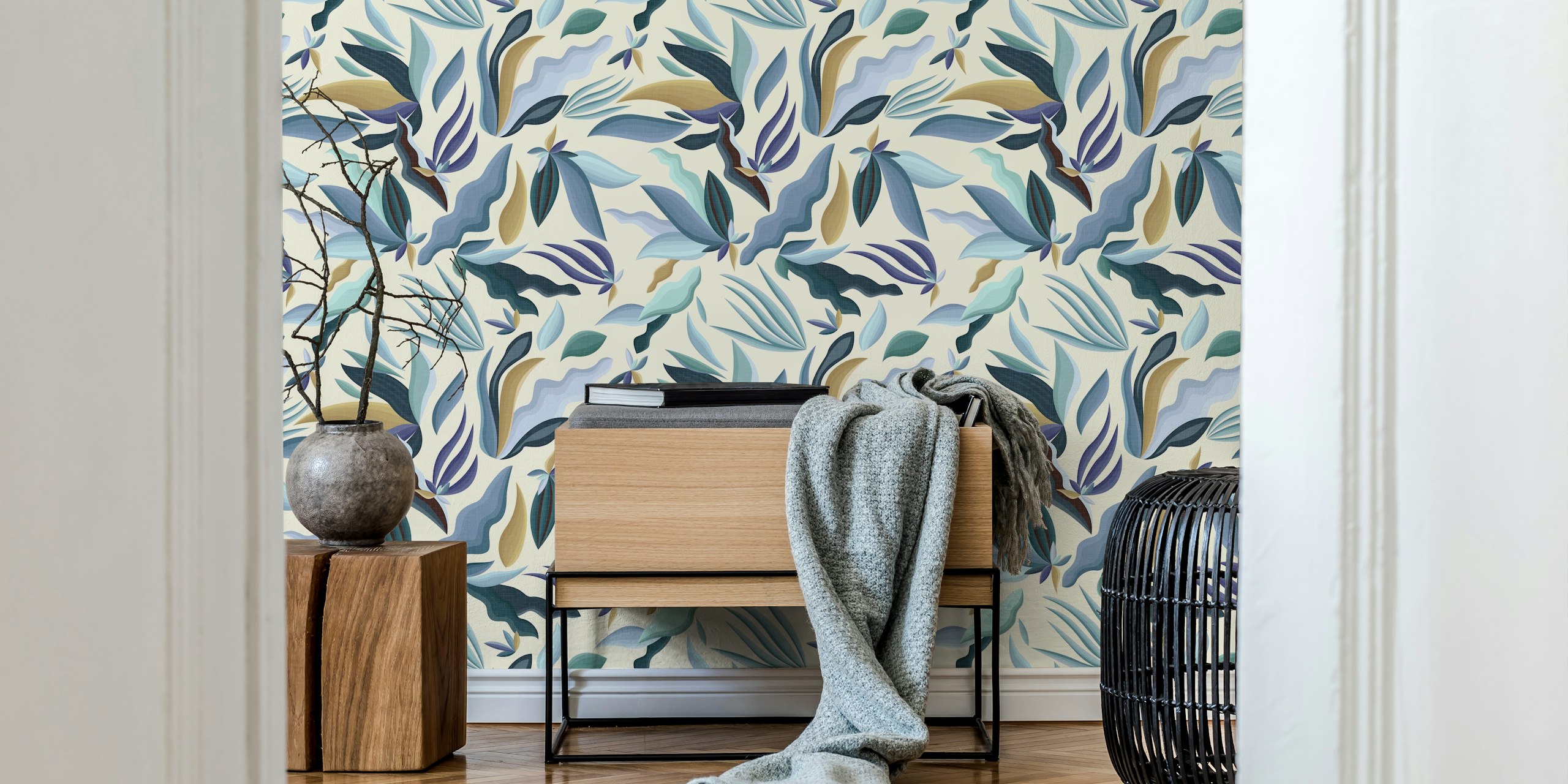 Tropical plants and leaves in soft blue and cream tones wallpaper
