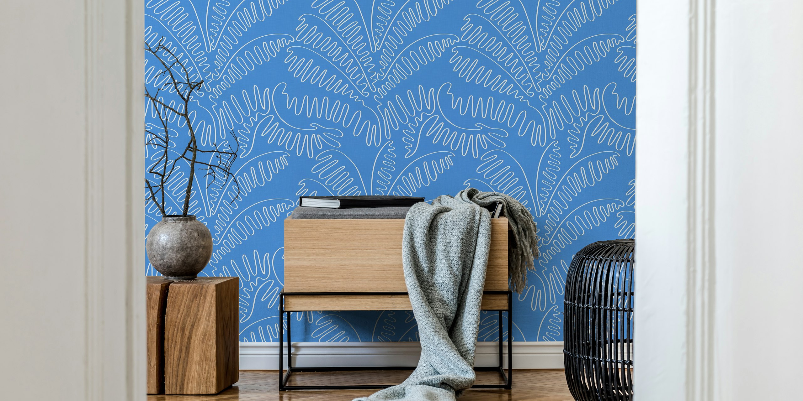 Azure Blue line art palm leaves wallpaper