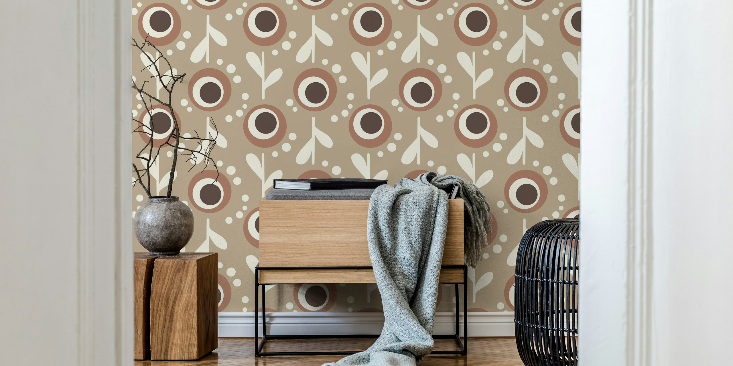 Minimalist floral design with brown and cream elements wallpaper