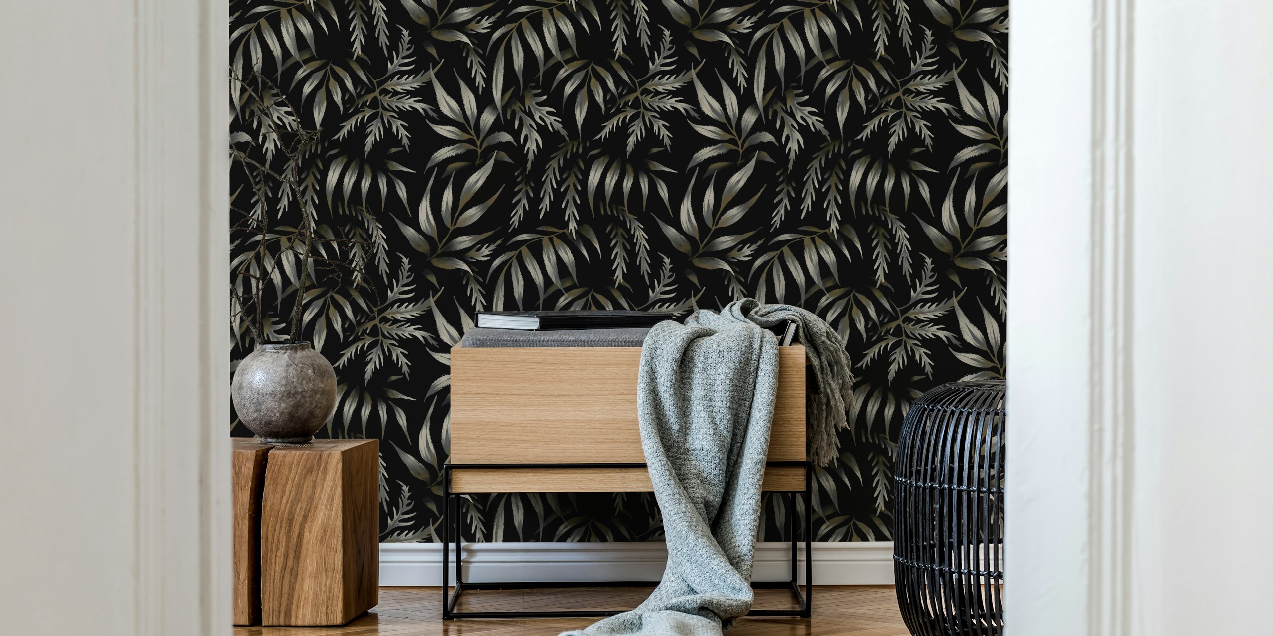 Black foliage with grey botanical leaves wallpaper