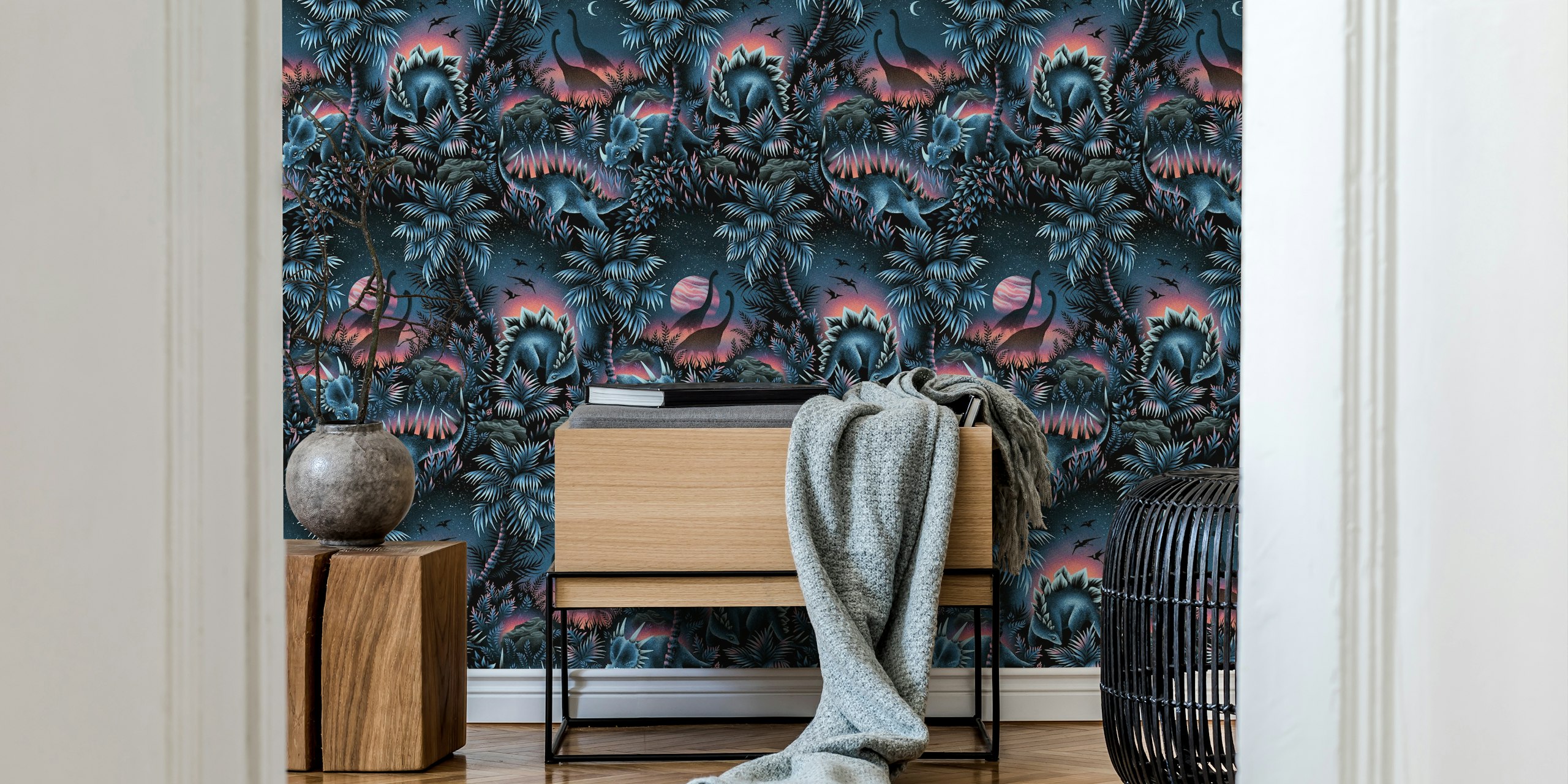 Dinosaur Lagoon wallpaper featuring blue and pink dinosaurs and foliage pattern