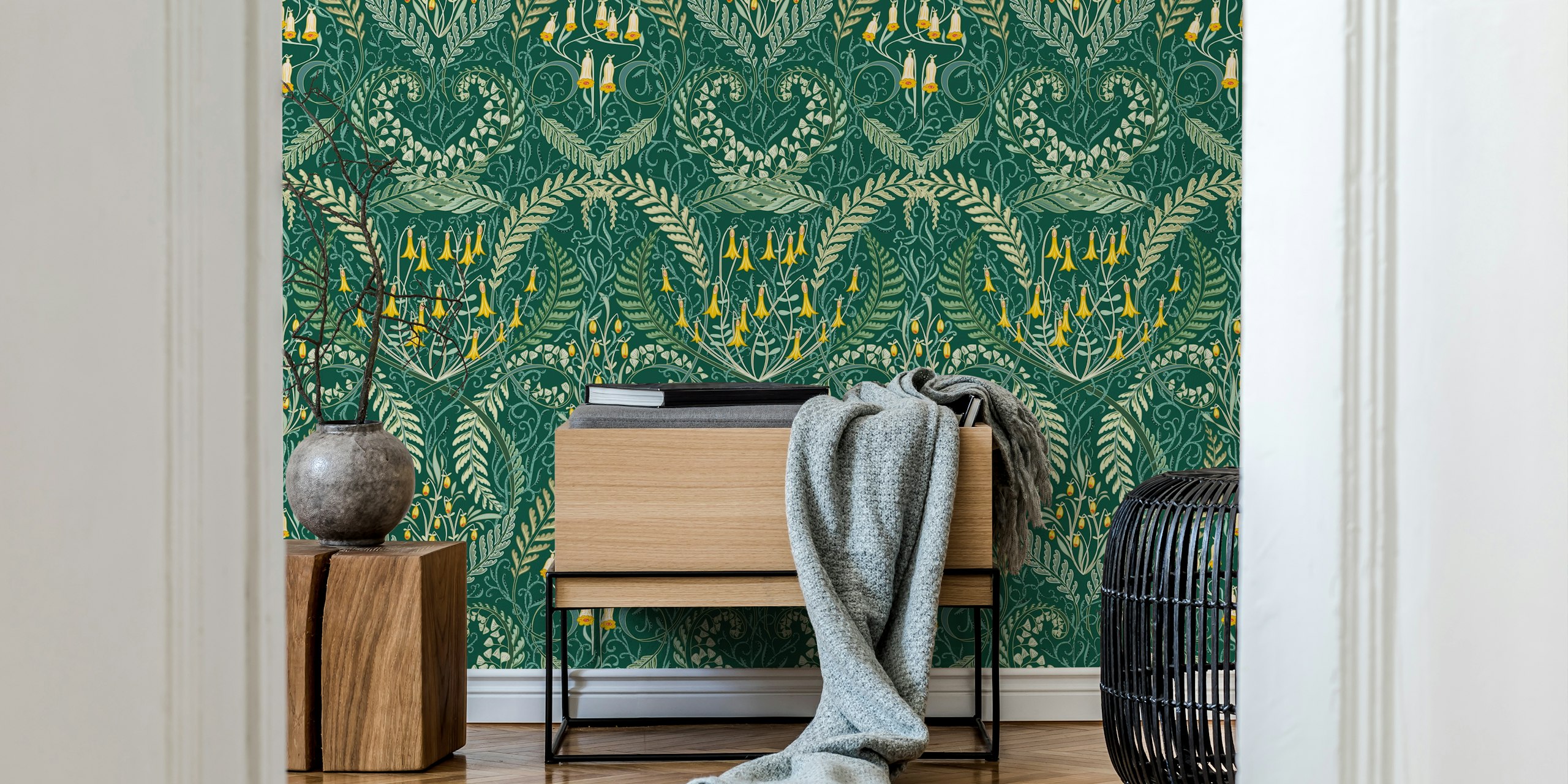 Green floral wallpaper with yellow flowers and ferns in Morris style