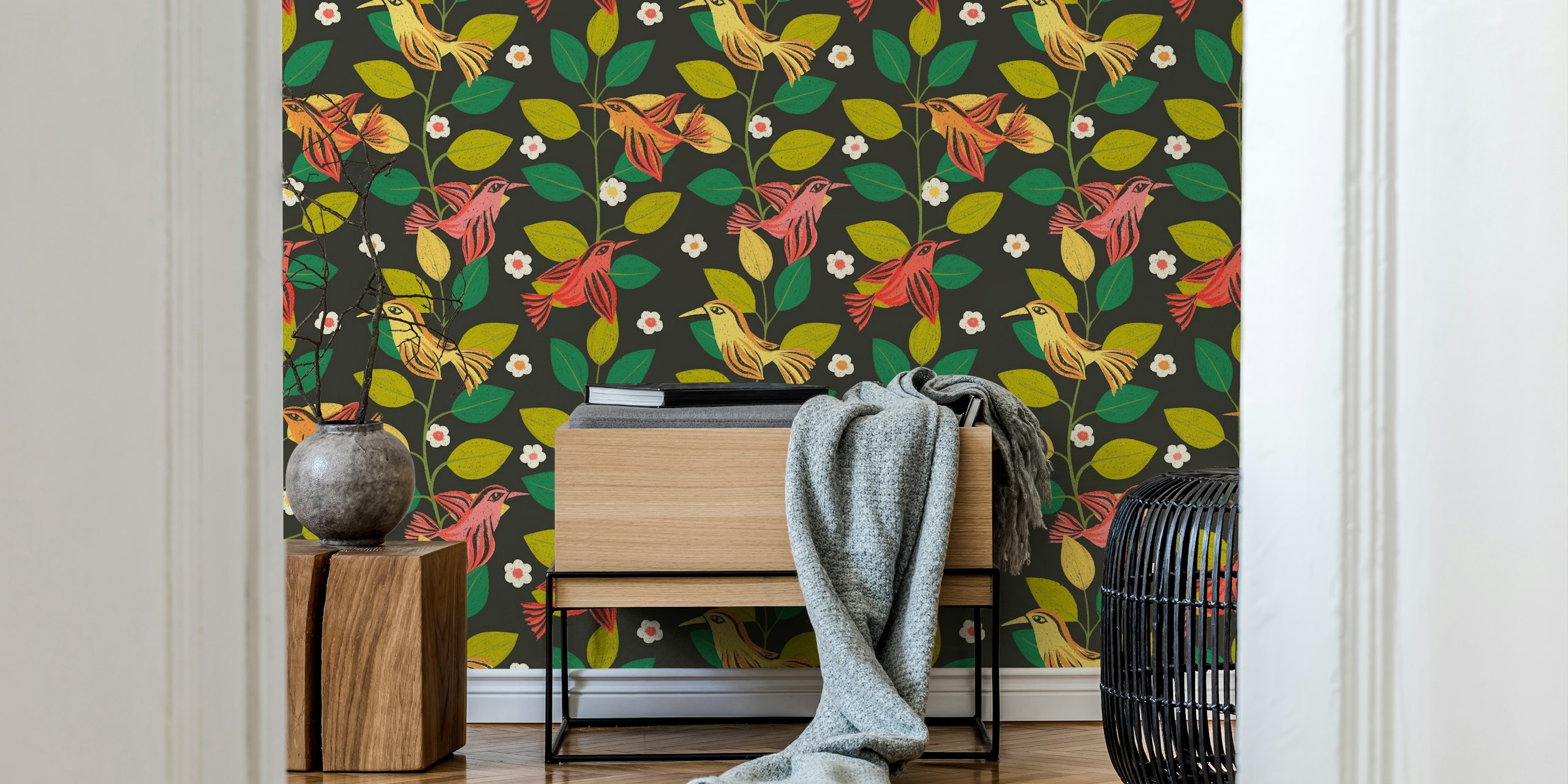 Abstract wallpaper with colorful birds and leaves