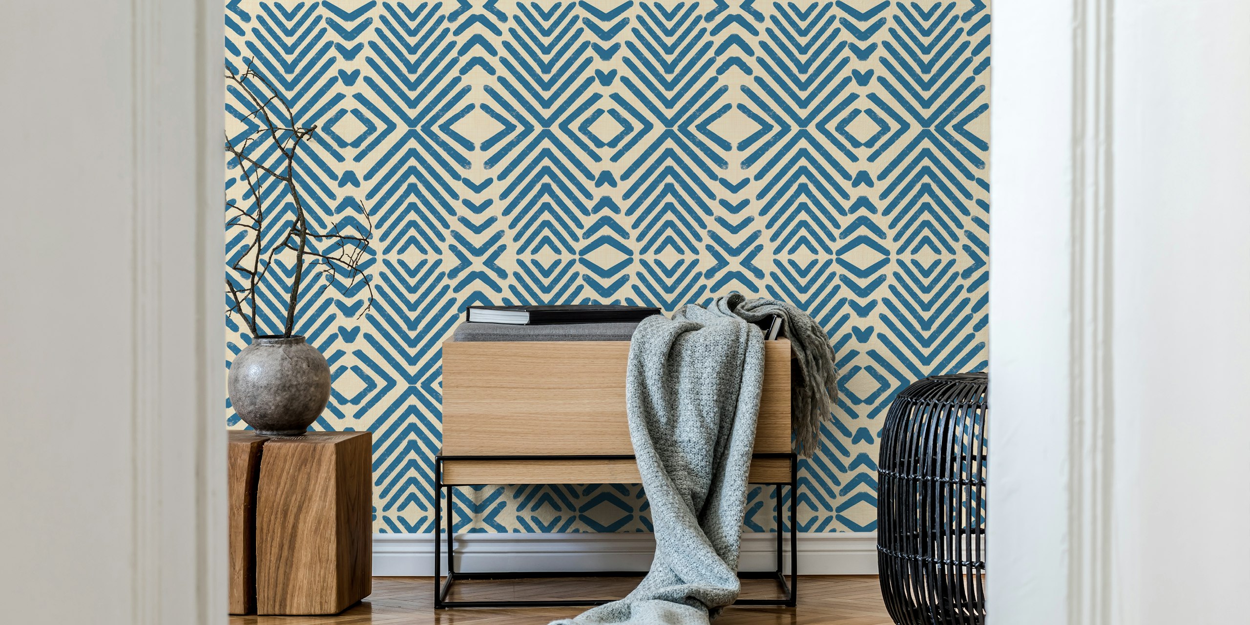 Blue tribal arrows pattern on beige background wallpaper