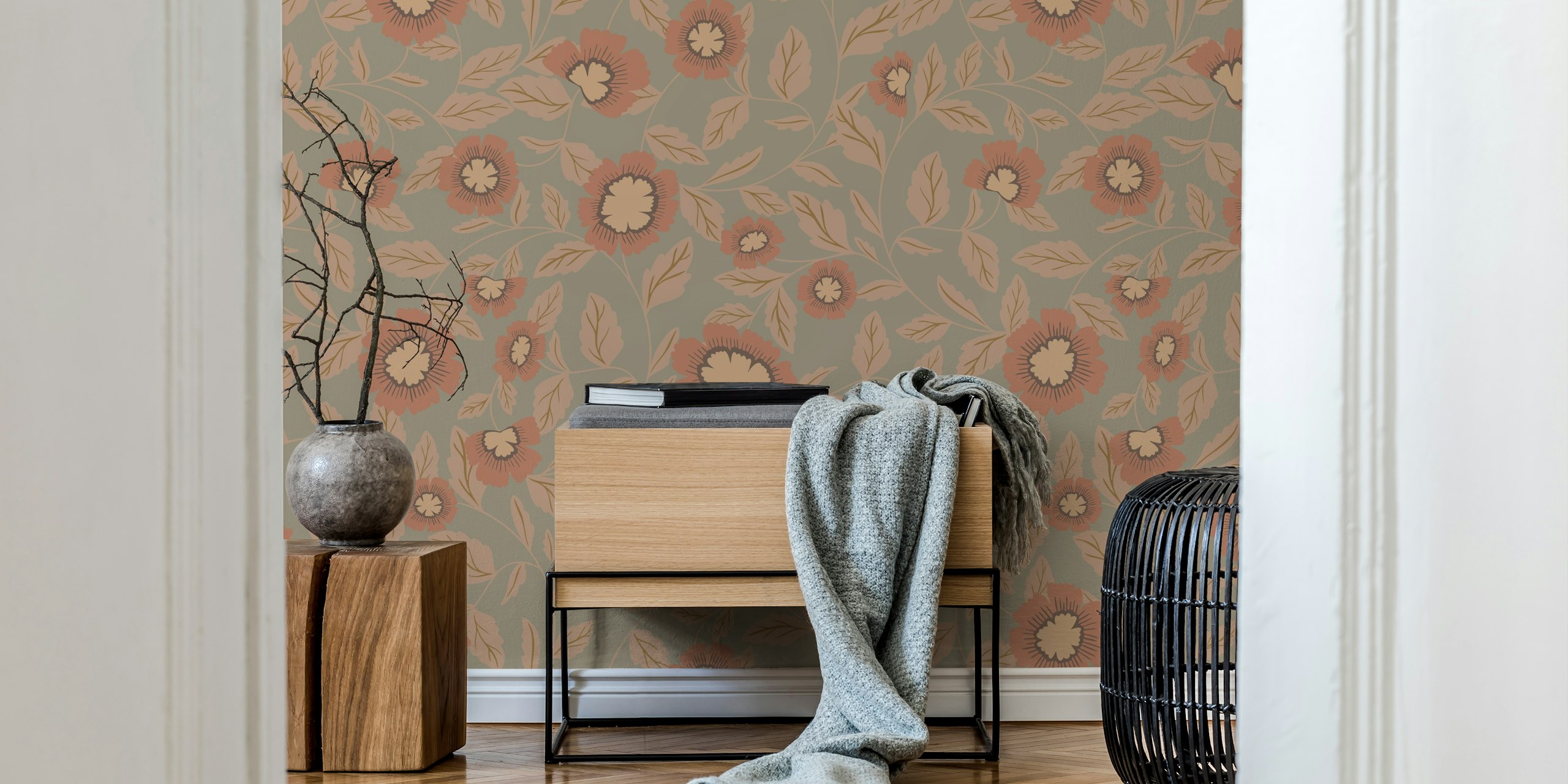 Rustic floral wallpaper featuring beige flowers on a green background