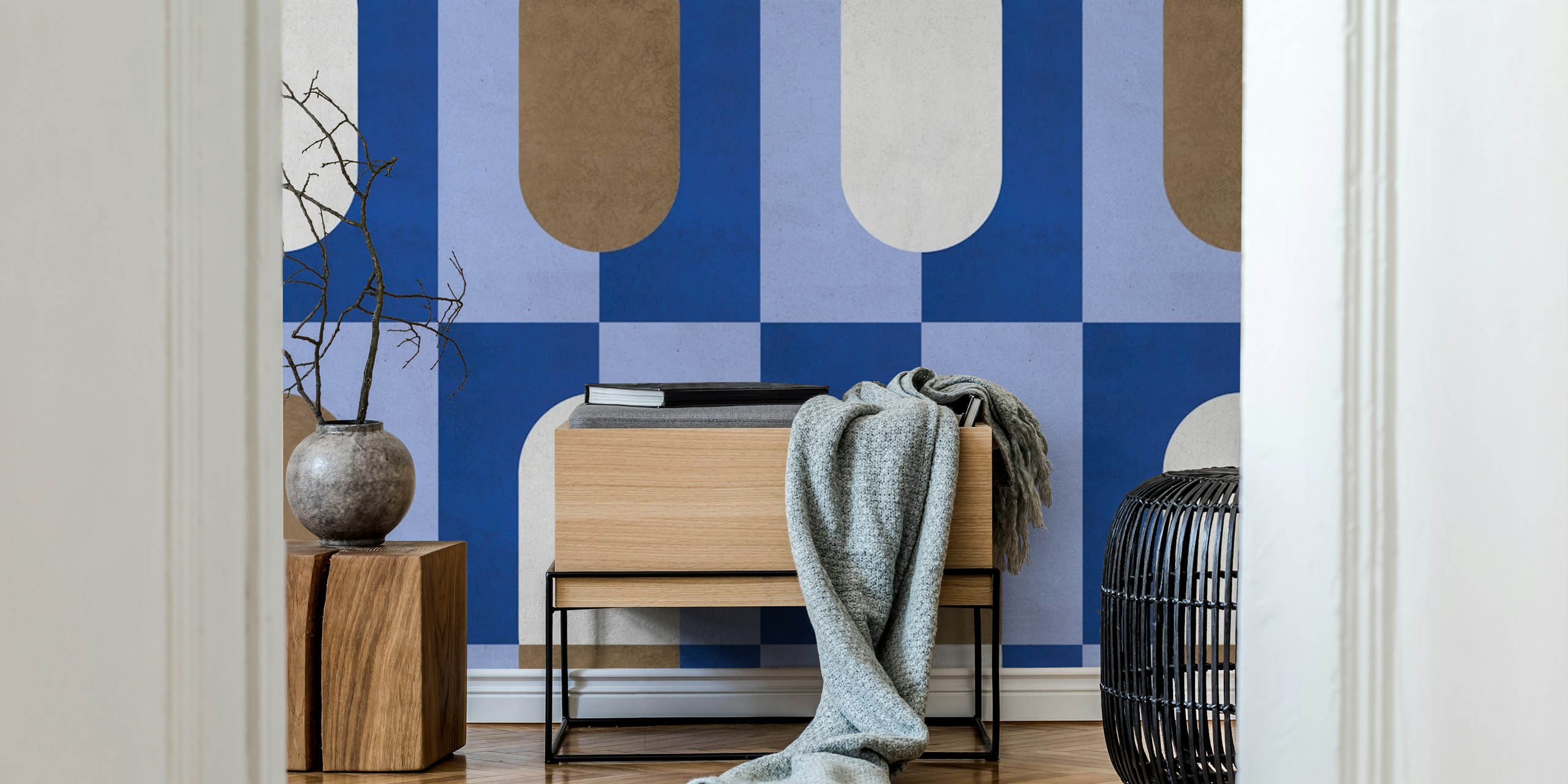 Geometric shapes in blue, brown, and white wallpaper