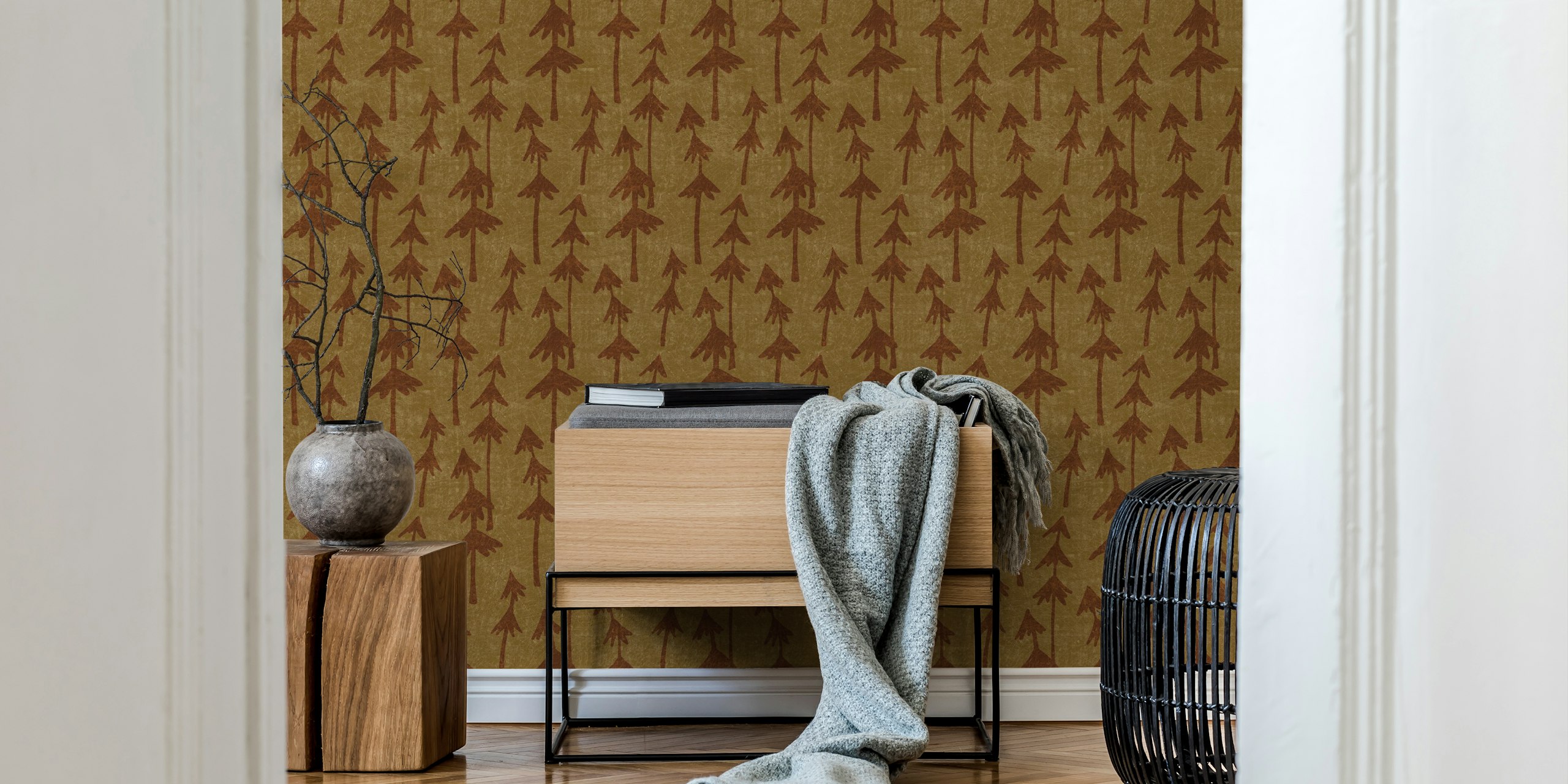 Brown tree pattern on khaki background wallpaper