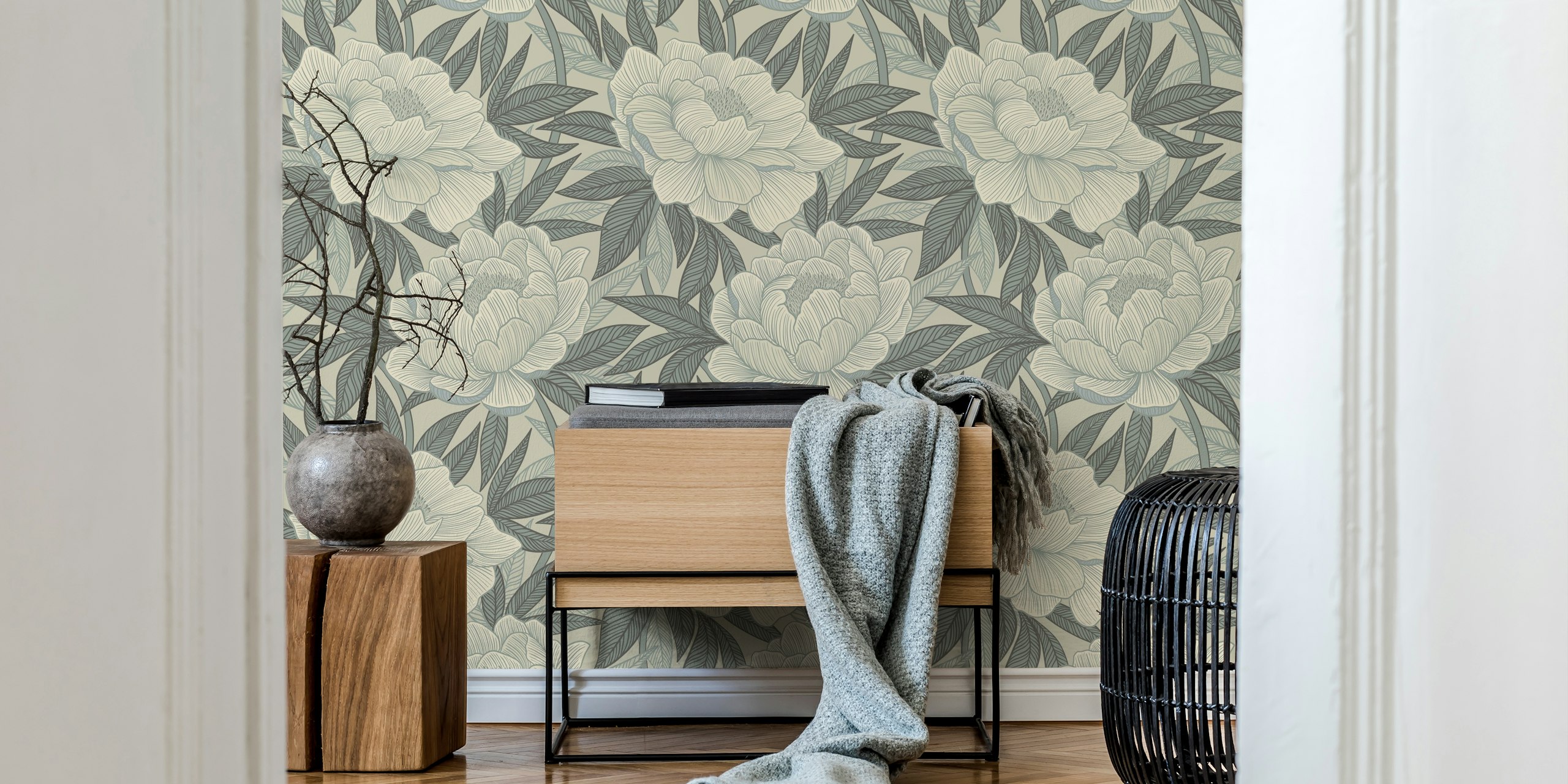 Dreamy peony floral wallpaper in a room