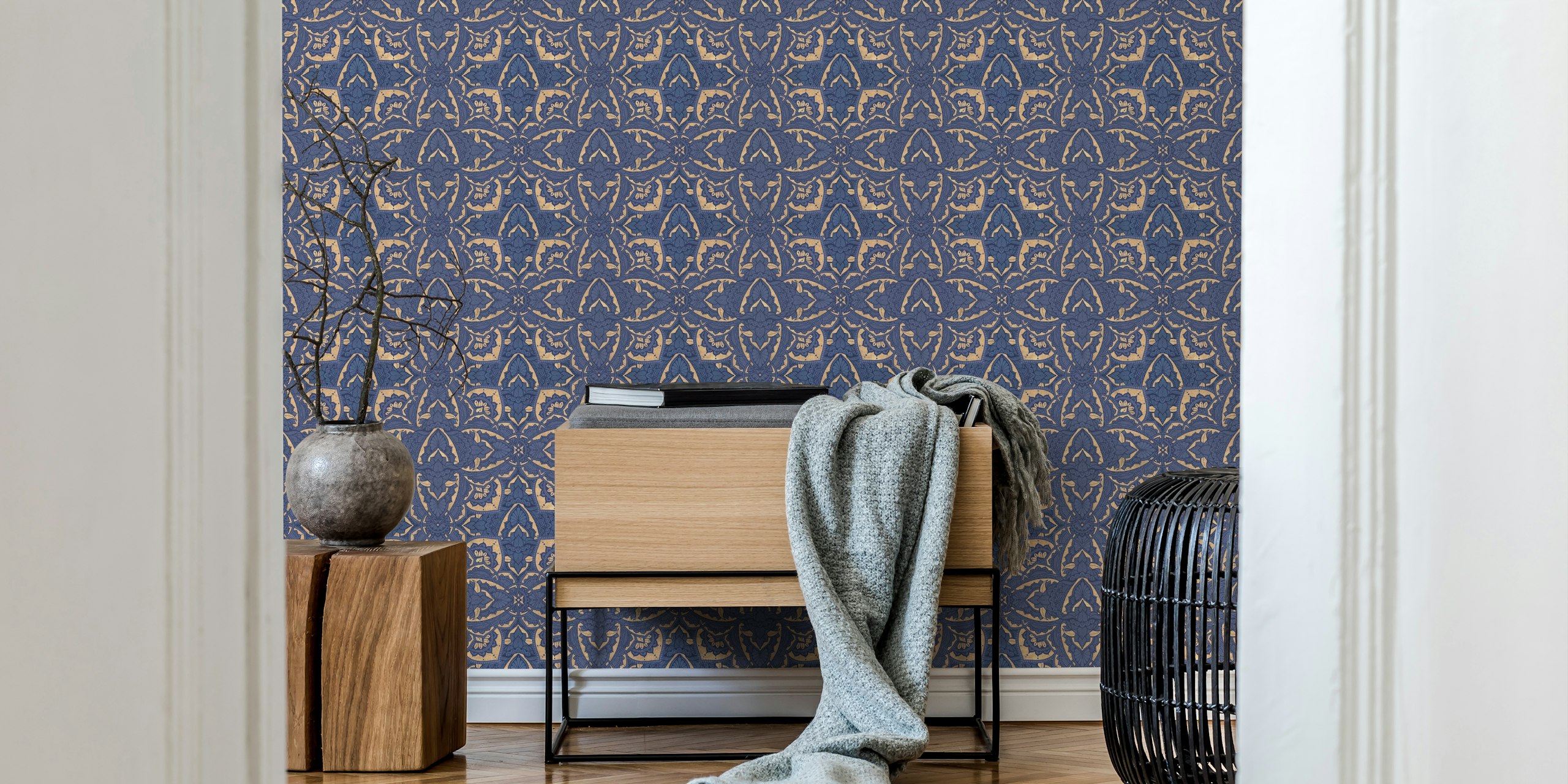 Geometric Art Deco blue saphire papel tapiz en la habitación