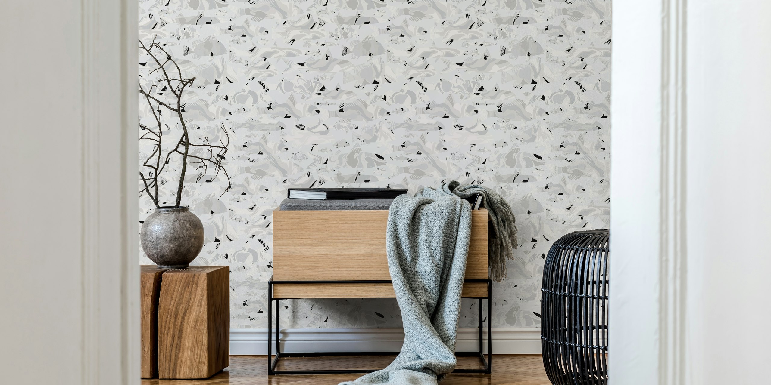 Abstract fish pattern in black and white wallpaper