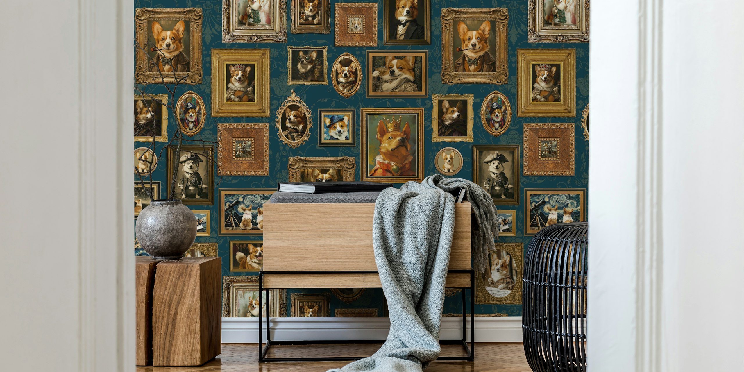 Tapeta Vintage Famous Corgi Portrait Gallery u sobi