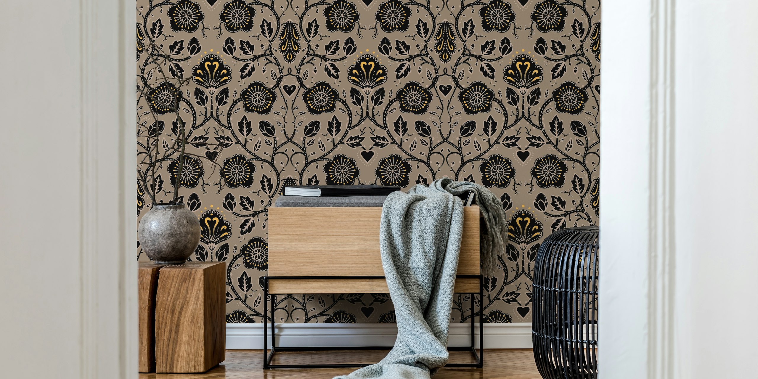 Vintage floral pattern in black and gold with leaves and flowers wallpaper