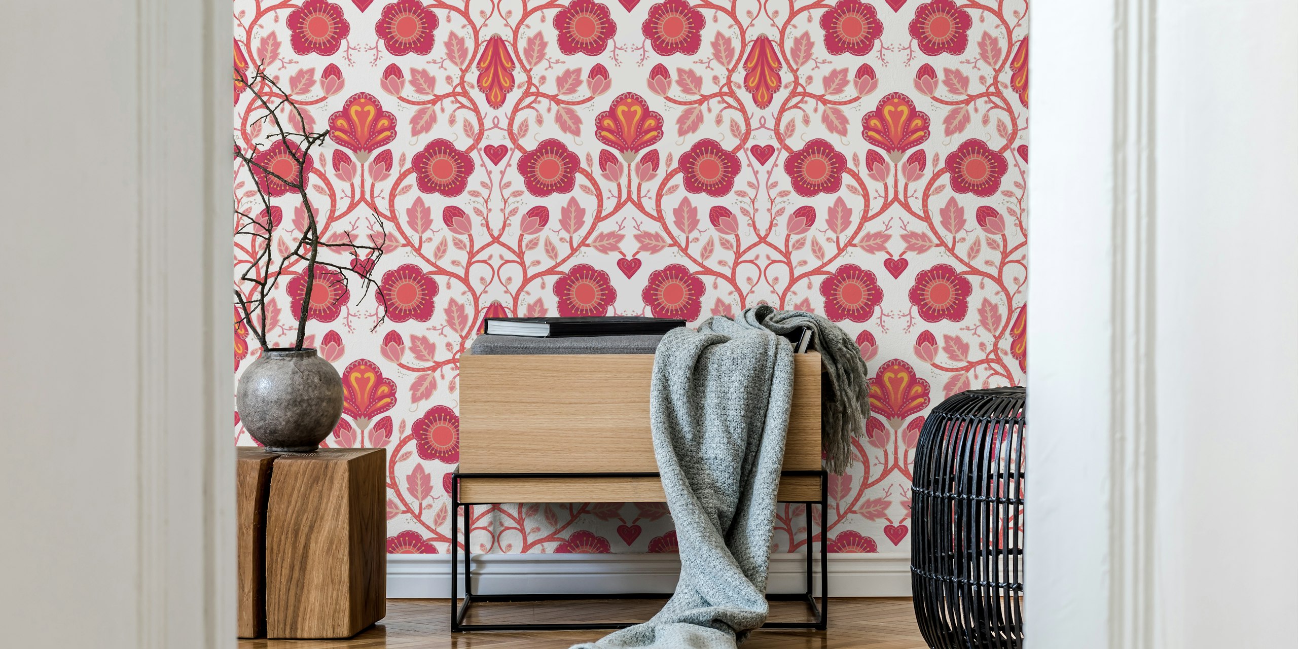 Pink floral pattern with vines and intricate leaves wallpaper