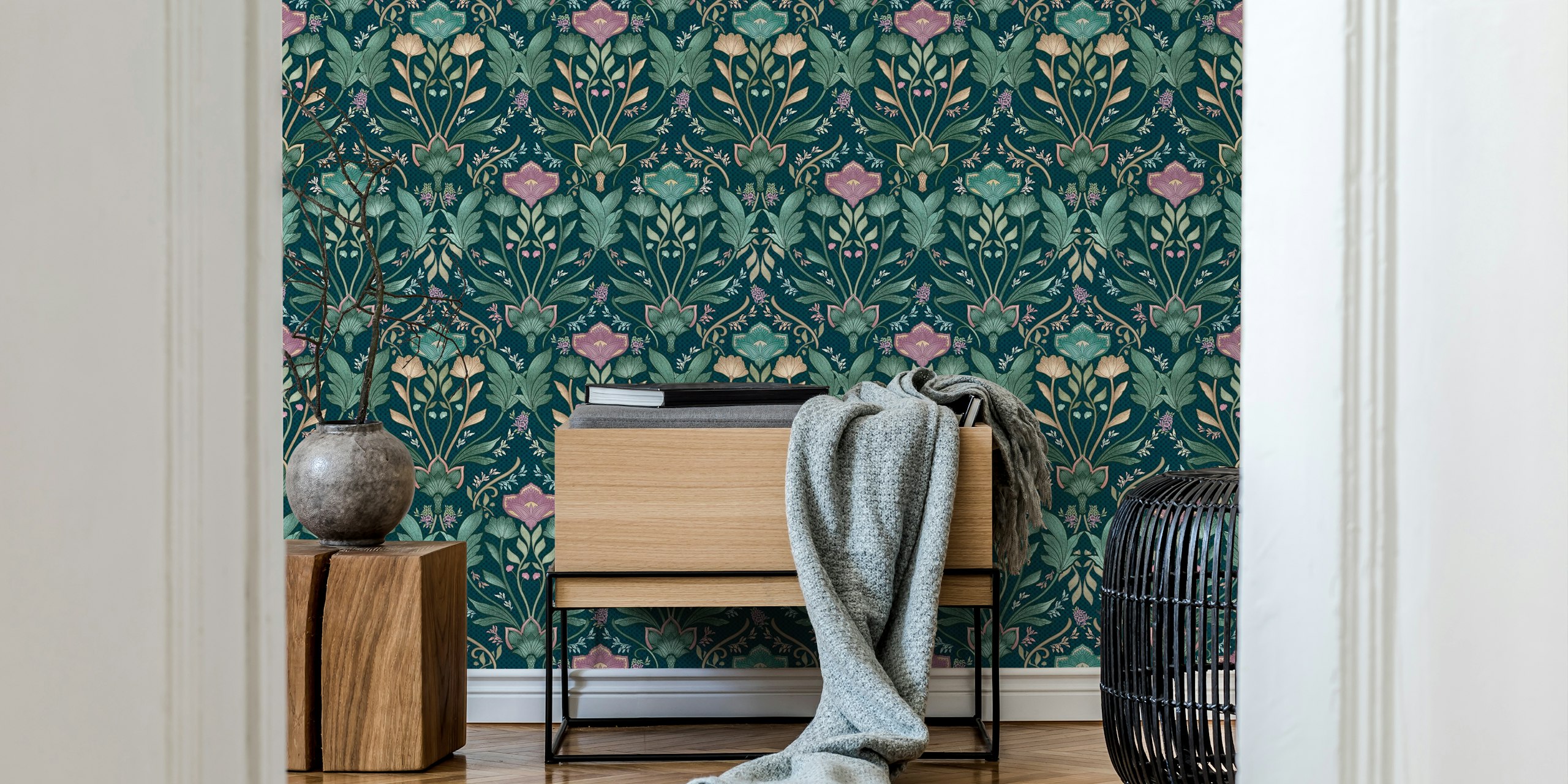 Teal navy floral wallpaper featuring dark lily flowers and green leaves