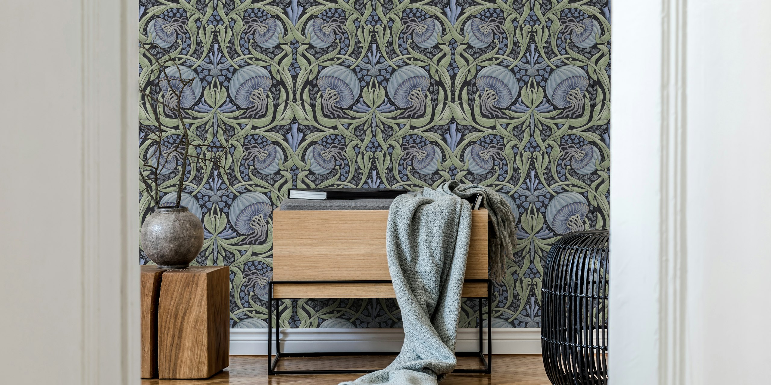 Jellyfish and floral patterns in lilac, blue, and black wallpaper