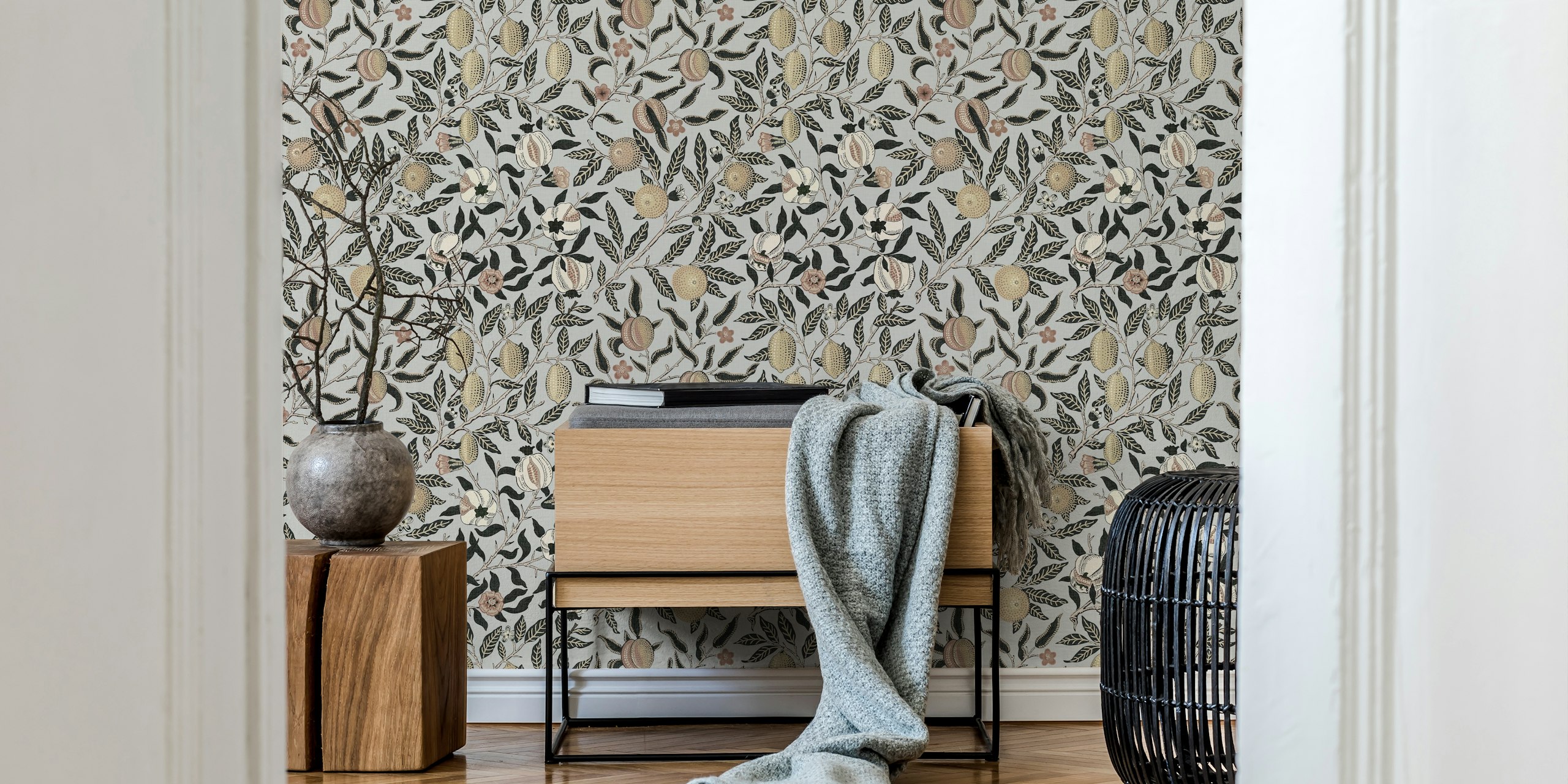 Pomegranate and floral design in soft colors on grey background wallpaper