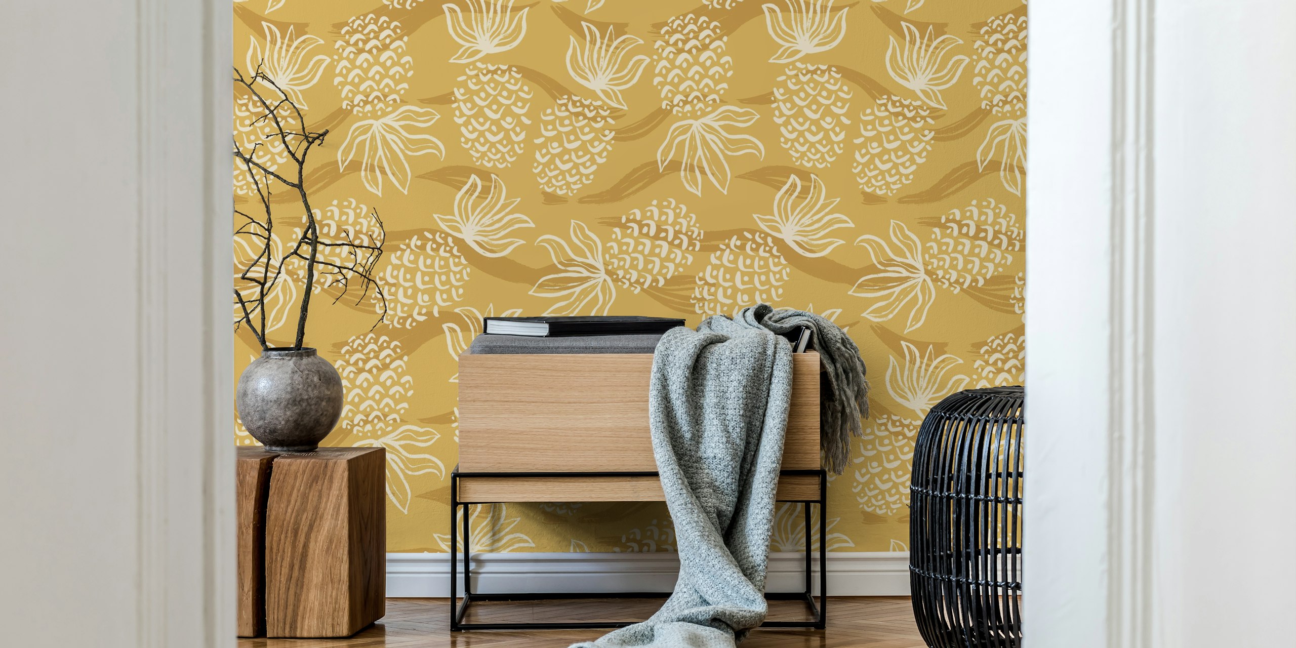Tropical pineapple motif in warm yellow with floral accents wallpaper