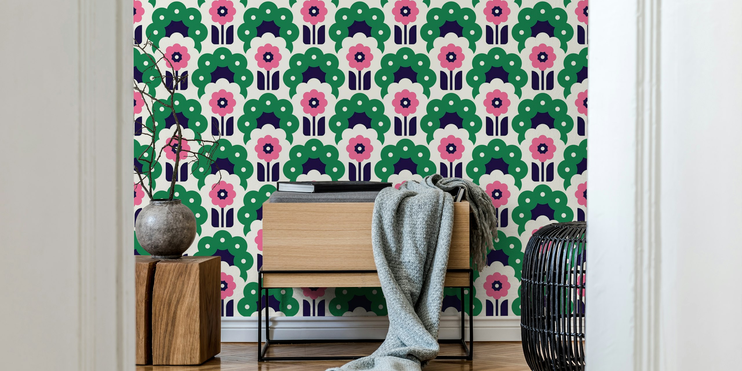 Colorful retro floral design in green and pink wallpaper
