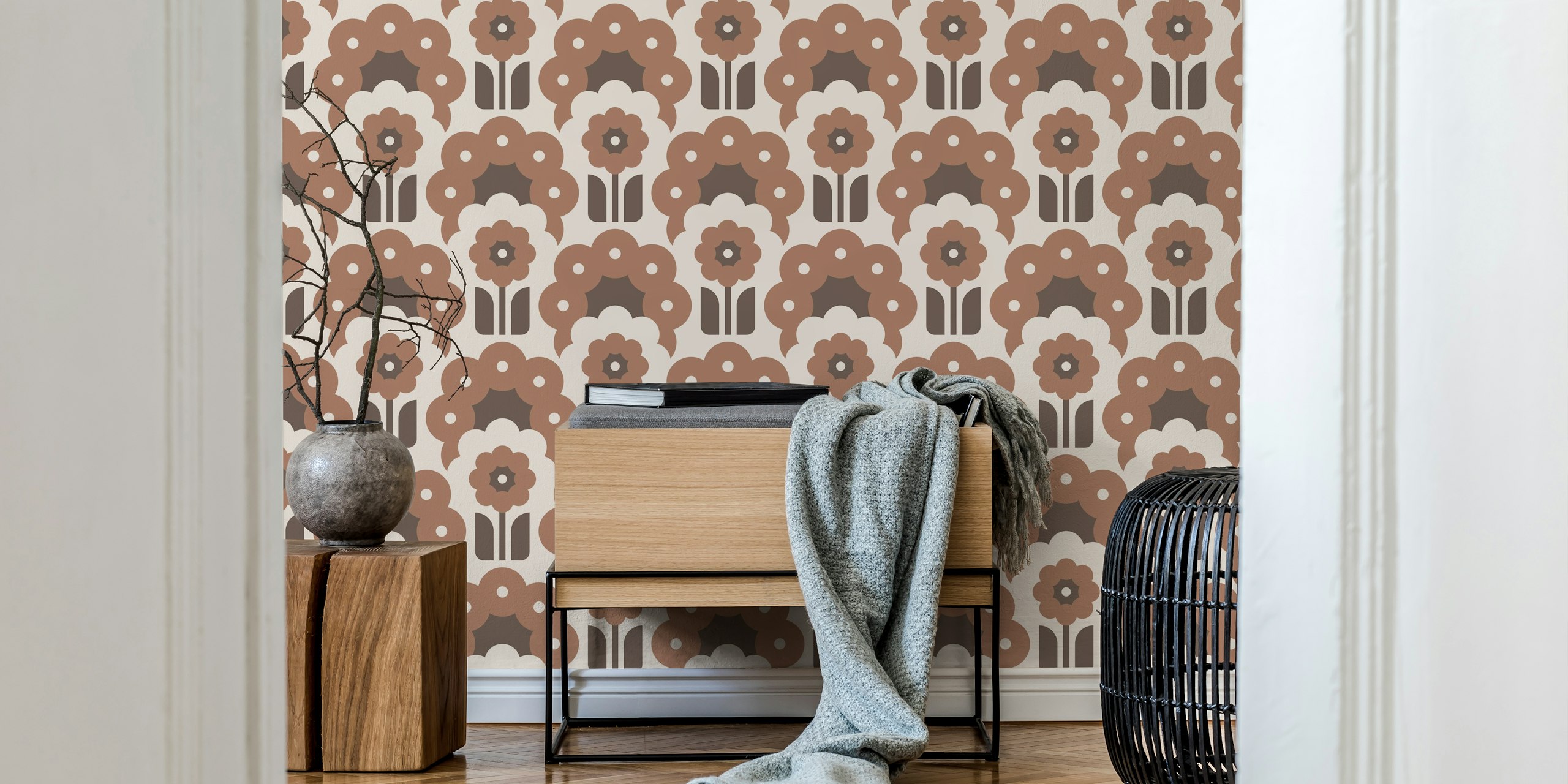 Retro floral daisy pattern in mocha and brown tones wallpaper