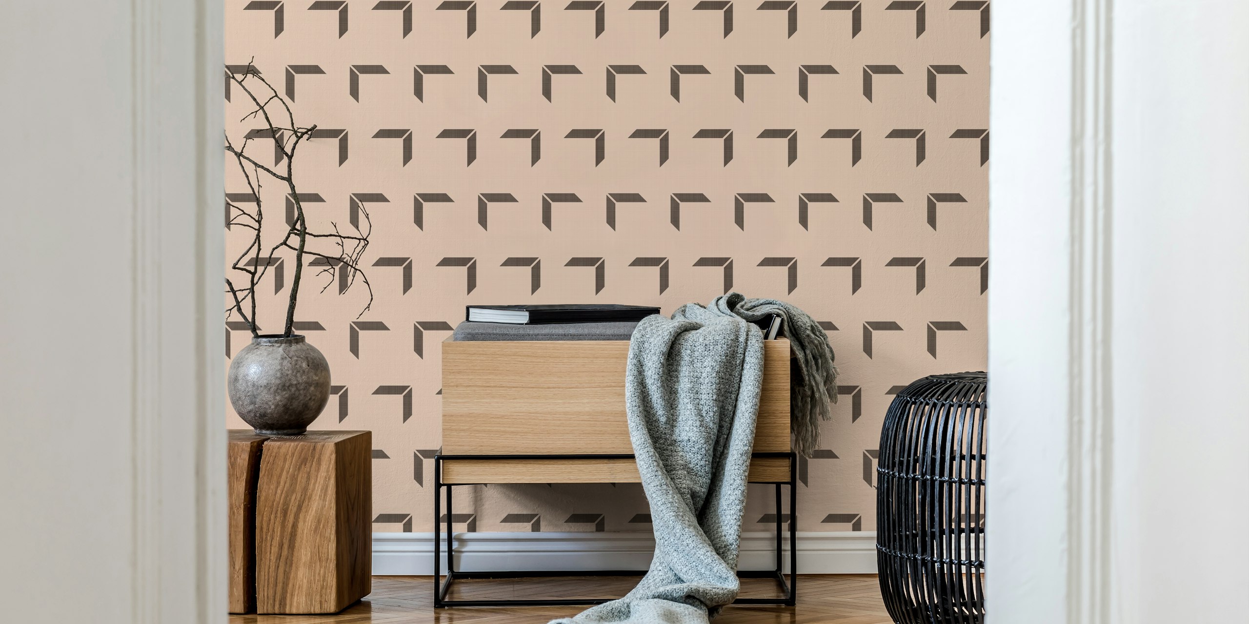 Papel de parede geométrico terroso em uma sala